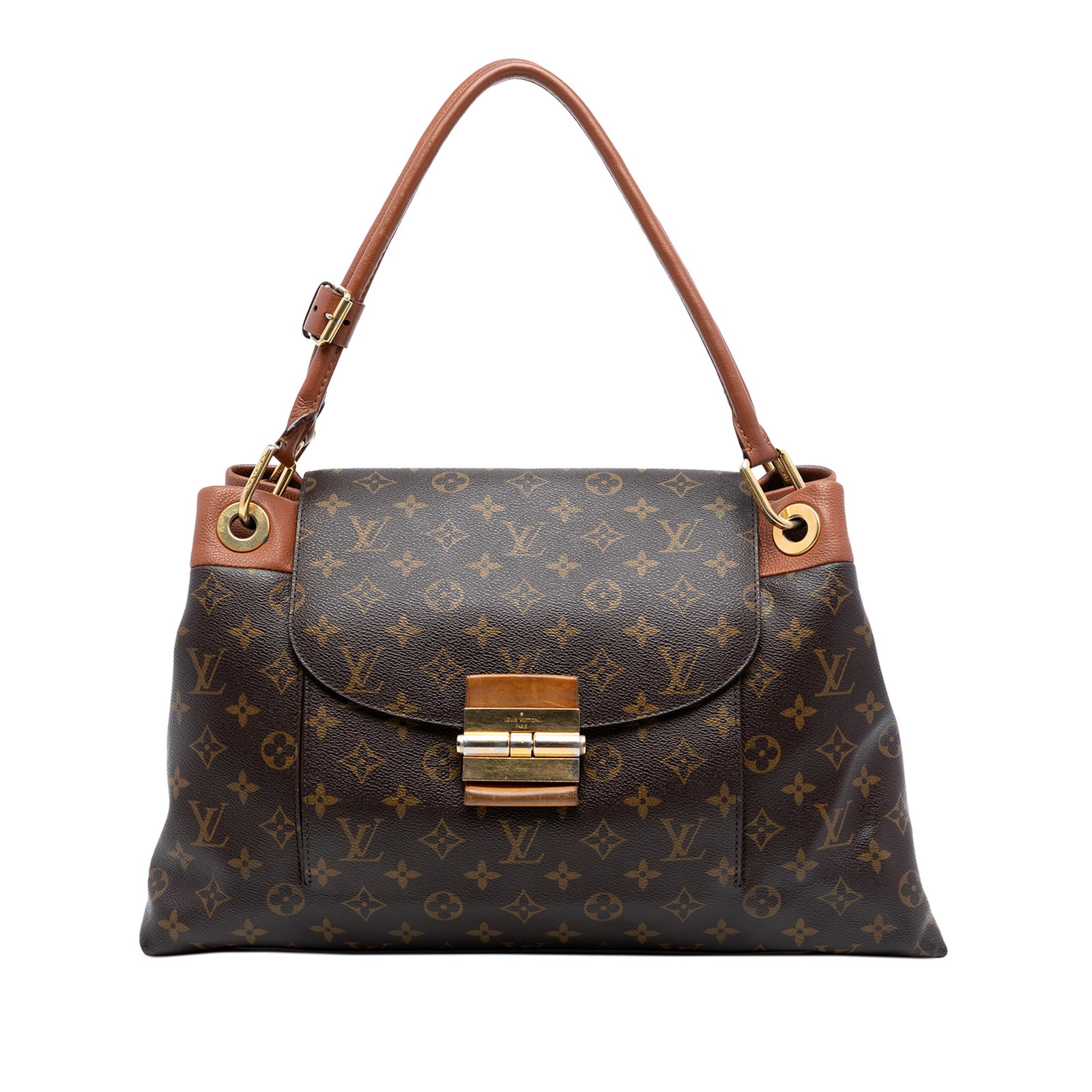 Louis Vuitton Olympe MM Monogram Canvas Shoulder Bag with Leather Handles: Louis Vuitton Olympe MM Monogram Canvas Shoulder Bag with Leather Handles The Louis Vuitton Monogram Olympe MM features a monogram canvas body with rolled leather handles, a front flap secured by a me