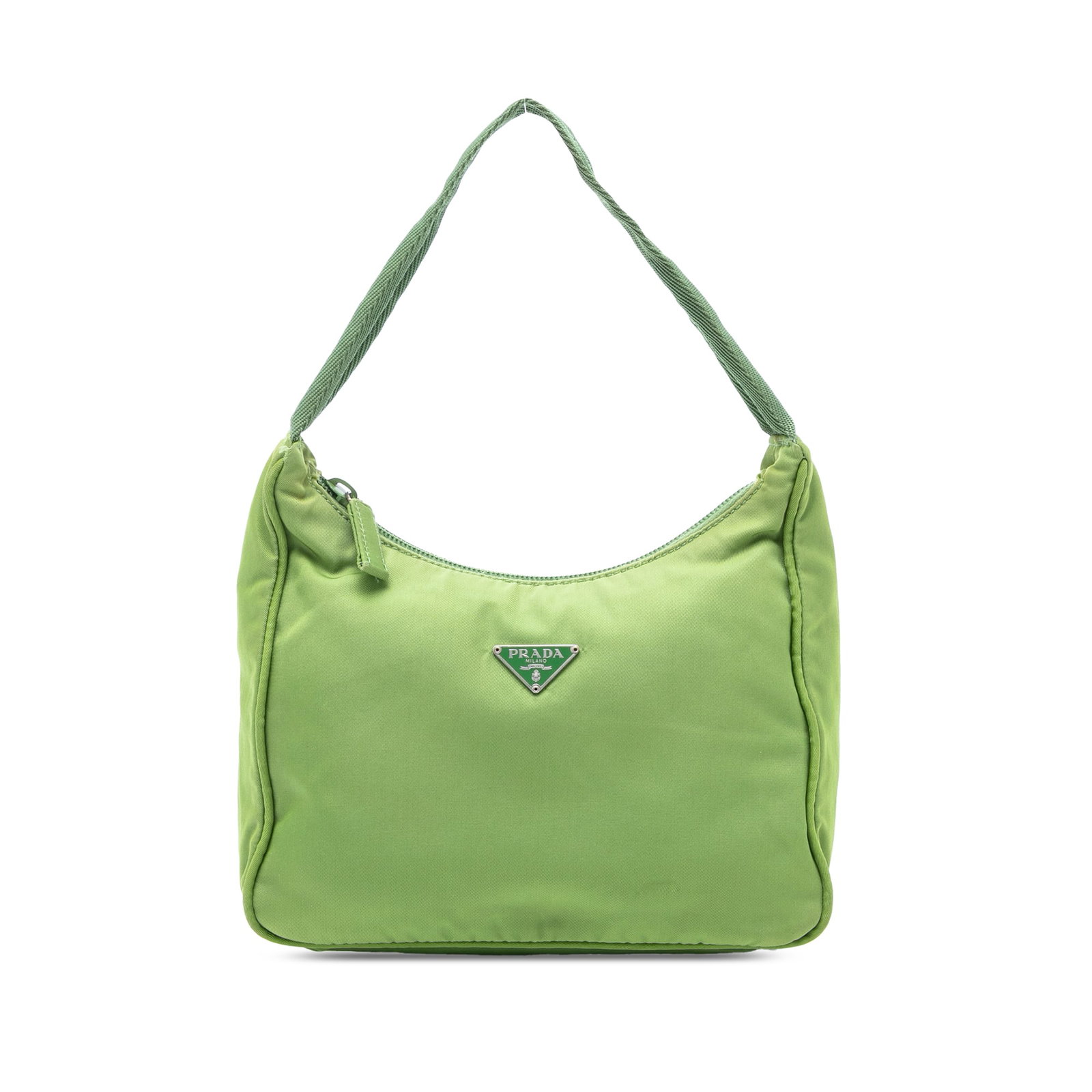 Green Prada Tessuto Nylon Shoulder Bag from Italy: Green Prada Tessuto Nylon Shoulder Bag from Italy This Prada Tessuto shoulder bag features a green nylon fabric body, a flat strap, and a top zip closure. Made in Italy, it is designed for everyday fu