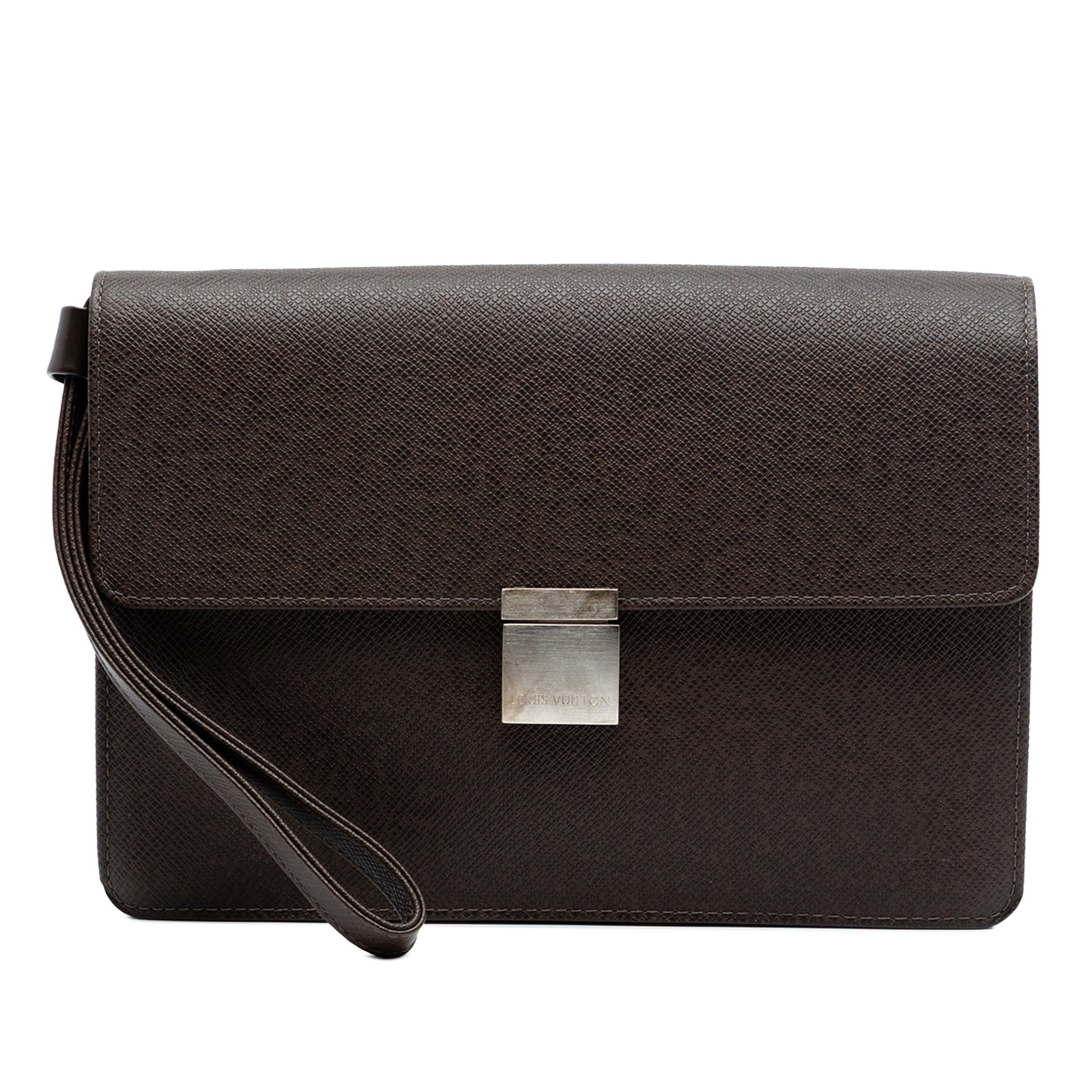 Taiga Leather Selenga Wristlet Bag by Louis Vuitton Brown: Taiga Leather Selenga Wristlet Bag by Louis Vuitton Brown This Louis Vuitton Taiga Selenga bag features a brown taiga leather body with a flat leather wrist strap. The bag is designed with a front fla