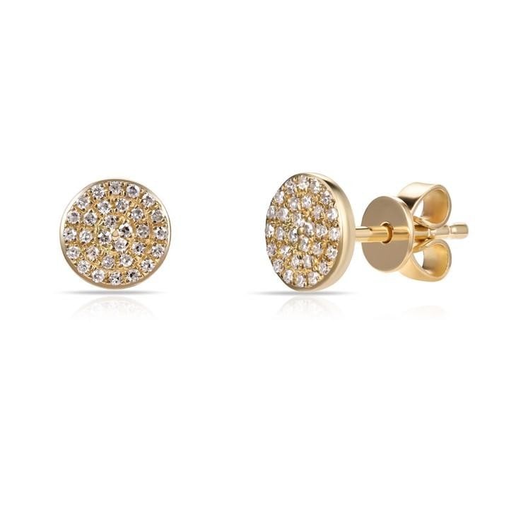 14K Yellow Gold Diamond Pave Disc Stud Earrings 1/5 Ctw: 14K Yellow Gold Diamond Pave Disc Stud Earrings 1/5 Ctw These stunning Diamond Pave Disc Stud Earrings feature a contemporary round design crafted in luxurious 14K yellow gold. Each earring is adorned