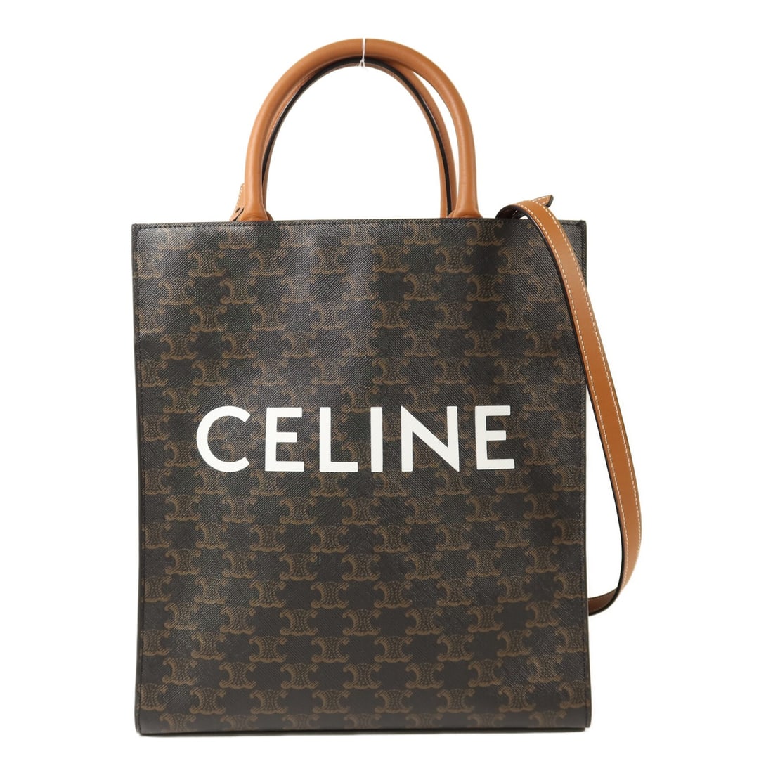 Celine Triomphe Cabas Brown Coated Canvas Shoulder Tote with Gold Hardware: Celine Triomphe Cabas Brown Coated Canvas Shoulder Tote with Gold Hardware This CELINE Triomphe Cabas 2-way shoulder bag features a brown PVC coated canvas exterior and a versatile design suitable for