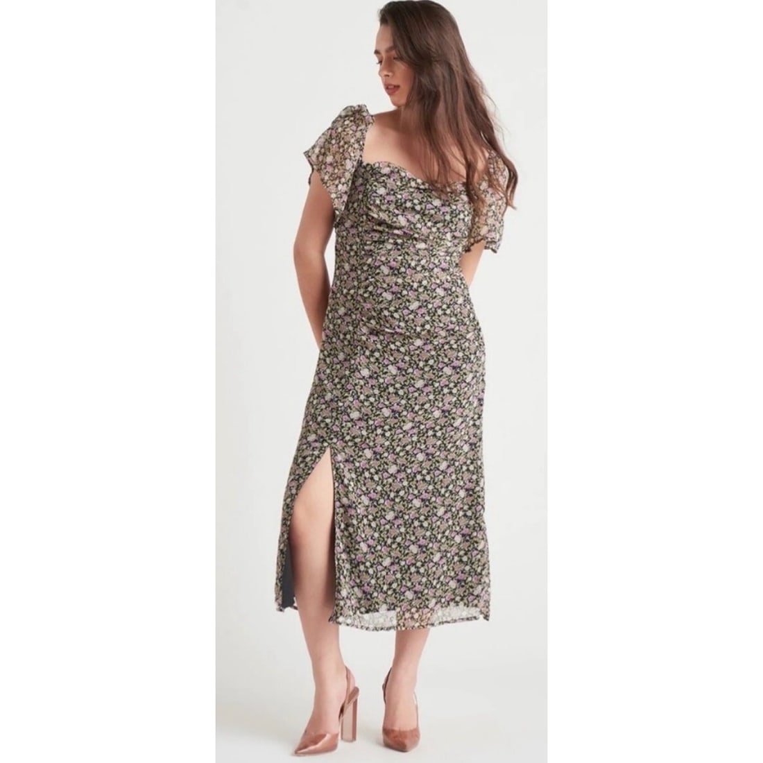 Black Tape Floral Lavender Dreams Midi Dress XS Side Slit Square Neck (1 of 3)