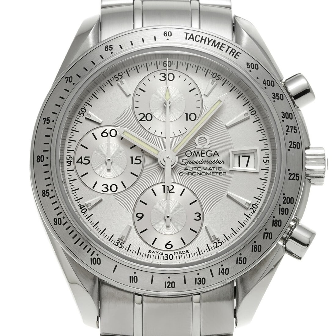 Omega Speedmaster Date 3211.30 Automatic Chronograph Steel Bracelet: Omega Speedmaster Date 3211.30 Automatic Chronograph Steel Bracelet This OMEGA Speedmaster Date 3211.30 is a men's wristwatch featuring a silver dial and a stainless steel case, bezel, and bracelet. P