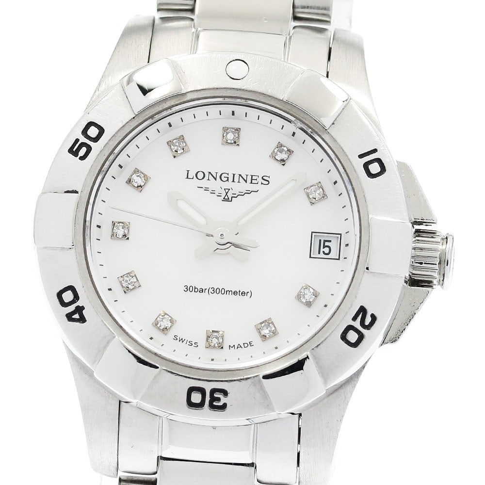 Longines Hydro Conquest quartz ladies stainless steel date watch: Longines Hydro Conquest quartz ladies stainless steel date watch This Longines Hydro Conquest women's wristwatch features a stainless steel case and bracelet with a white shell dial. The watch is powe