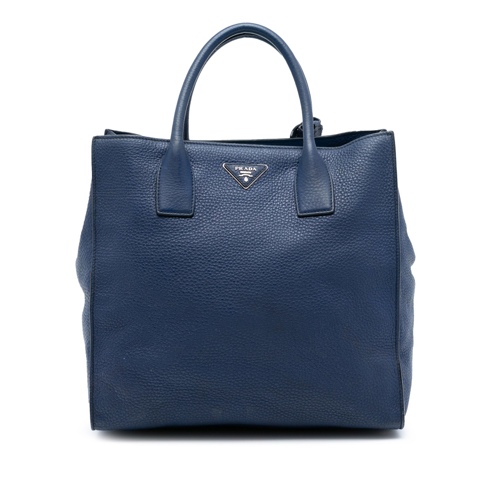 Blue Leather Satchel Bag by Prada Vitello Daino Italy: Blue Leather Satchel Bag by Prada Vitello Daino Italy This Prada Vitello Daino Open Convertible Tote is crafted from blue leather and features rolled leather handles, an open top with snap closure, an