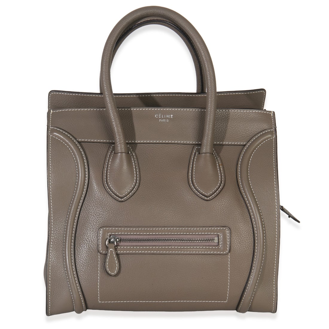 Celine Souris Grained Calfskin Mini Luggage Tote with Dustbag: Celine Souris Grained Calfskin Mini Luggage Tote with Dustbag This Celine Souris Drummed Calfskin Mini Luggage Tote is crafted in Italy from grained gray calfskin leather and features a structured top
