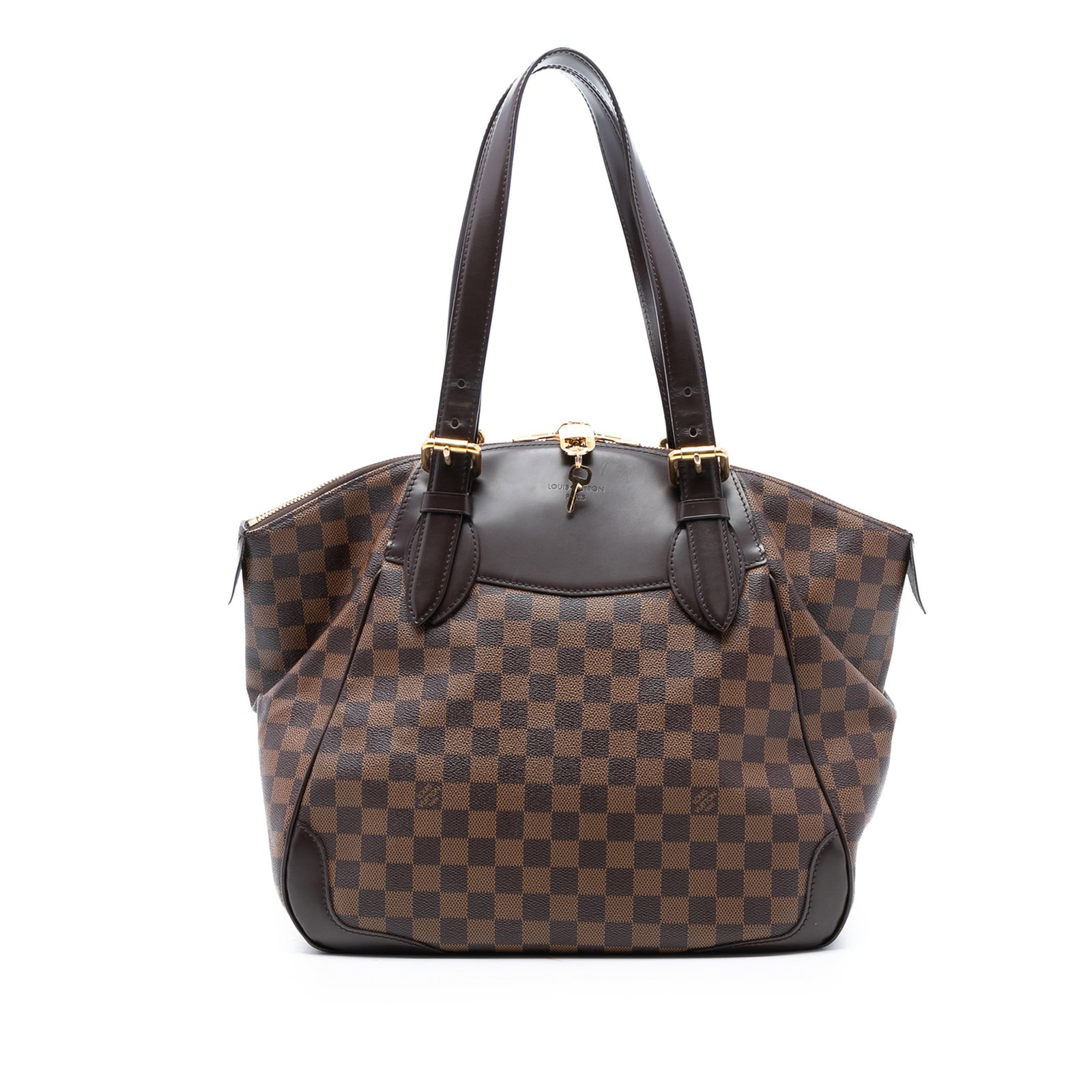 Louis Vuitton Verona GM Damier Ebene Brown Tote with Leather Accents: Louis Vuitton Verona GM Damier Ebene Brown Tote with Leather Accents The Louis Vuitton Damier Ebene Verona GM features a damier canvas body with leather trim, flat leather straps, a two-way top zip cl