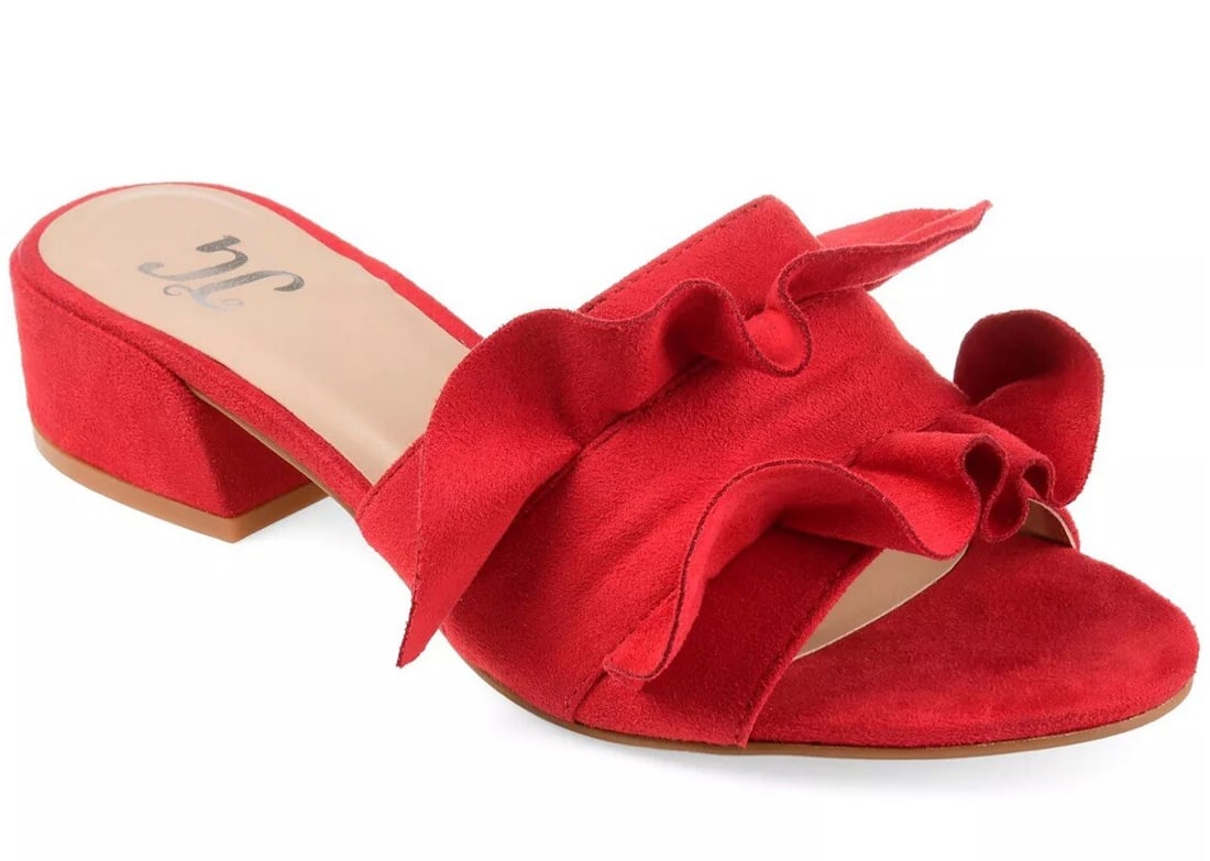 Journee Collection Sabica Red Ruffle Heeled Slide Mules 6: Journee Collection Sabica Red Ruffle Heeled Slide Mules 6 Step into effortless elegance with the Journee Collection Sabica Heeled Slide Mule in vibrant red. These stylish sandals showcase soft faux su