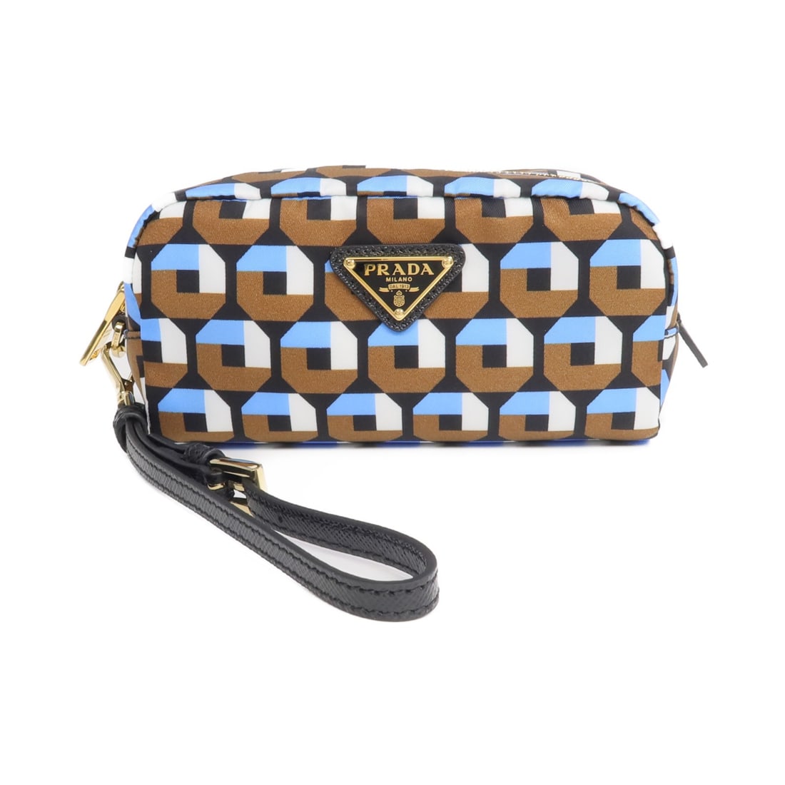 Prada nylon brown pouch clutch GHW hand strap: Prada nylon brown pouch clutch GHW hand strap This PRADA pouch clutch features a blue and brown nylon exterior with a hand strap, offering both style and practicality. Designed for women, it comes in 