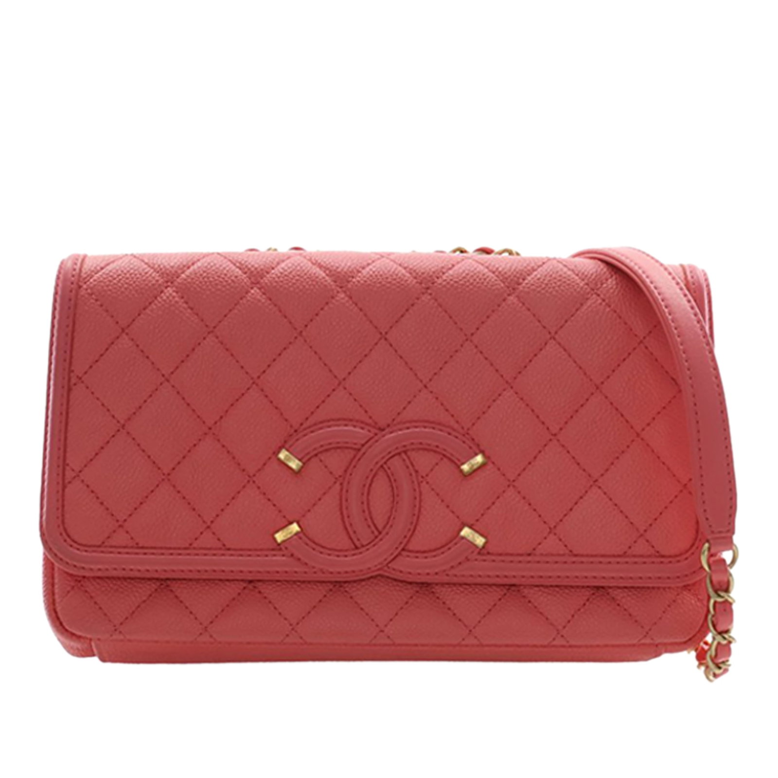 Chanel Pink Caviar Filigree Flap Bag Medium: Chanel Pink Caviar Filigree Flap Bag Medium This Chanel Medium Caviar CC Filigree Flap Bag showcases a quilted caviar leather exterior in pink, complemented by a leather-woven chain shoulder strap wit
