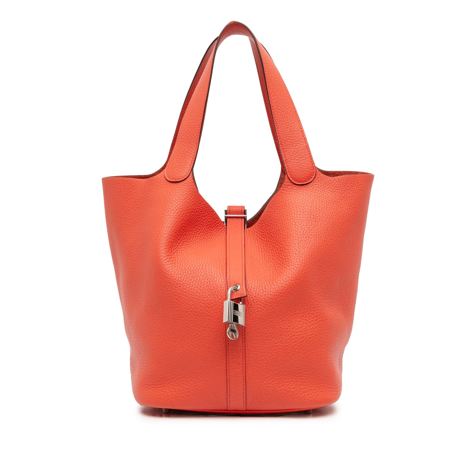Hermes Picotin Lock 26 Clemence Leather Bag in Capucine Orange: Hermes Picotin Lock 26 Clemence Leather Bag in Capucine Orange The Hermes Clemence Picotin Lock 26 features a Clemence leather body in Capucine orange, flat leather handles, an open top with a pull-th
