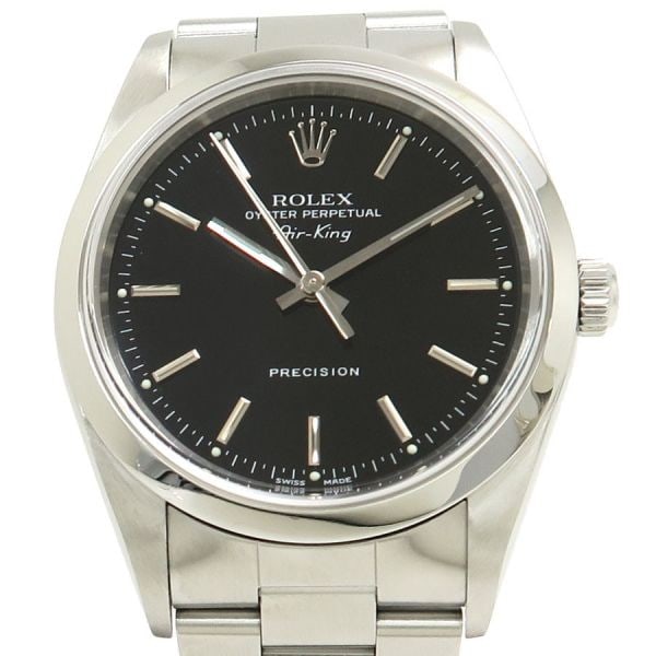 Rolex Air King 14000 34mm Automatic Men's Wristwatch: Rolex Air King 14000 34mm Automatic Men's Wristwatch This pre-owned ROLEX Air-King 34mm model 14000 men's wristwatch features a stainless steel case and bracelet, complemented by a black dial with bar