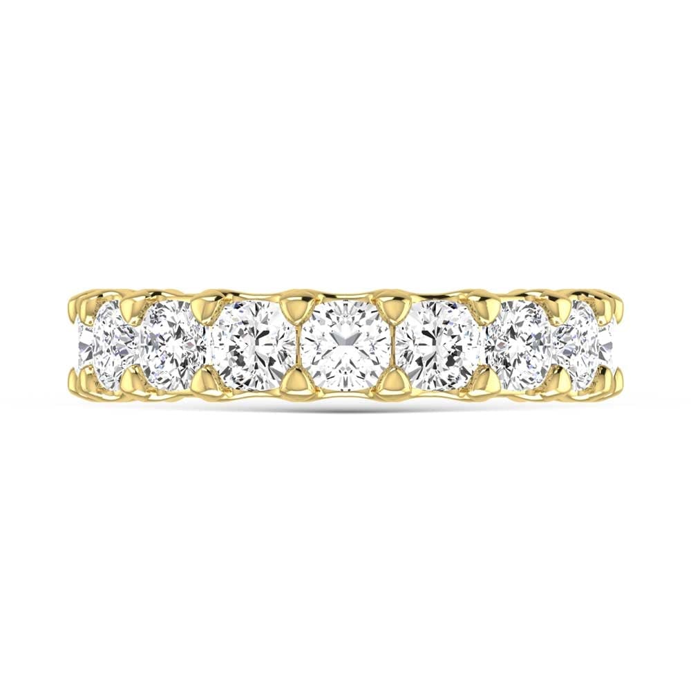 14K Yellow Gold 3 CT Tw. Cushion Shape Lab Grown Diamond Wedding Band: 14K Yellow Gold 3 CT Tw. Cushion Shape Lab Grown Diamond Wedding Band 14k Yellow Gold Stone Color: F Stone Clarity: Vs Each ring is presented in standard size 6.5. Complimentary resizing is available 