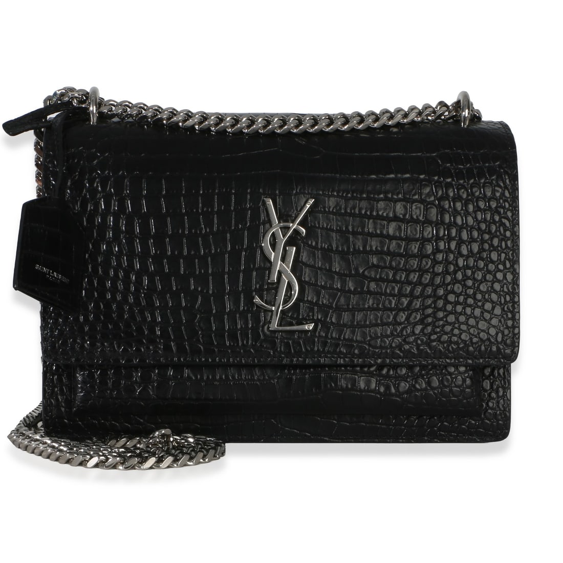 Saint Laurent Medium Sunset Bag Black Croc Embossed Calfskin: Saint Laurent Medium Sunset Bag Black Croc Embossed Calfskin This Saint Laurent Medium Monogram Sunset Bag features a black croc-embossed calfskin exterior with a sleek silver-tone hardware finish. Th