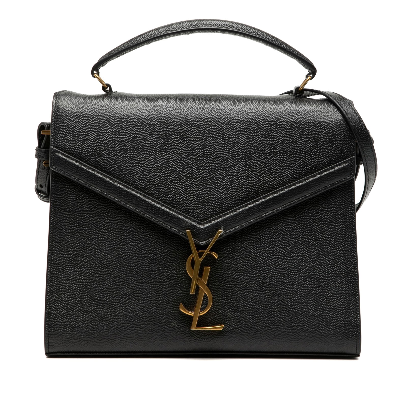 Saint Laurent Cassandra Black Leather Top Handle Bag: Saint Laurent Cassandra Black Leather Top Handle Bag This Saint Laurent Medium Grain de Poudre Classic Monogram Cassandra Top Handle Bag is crafted from black leather and features a flat leather top h