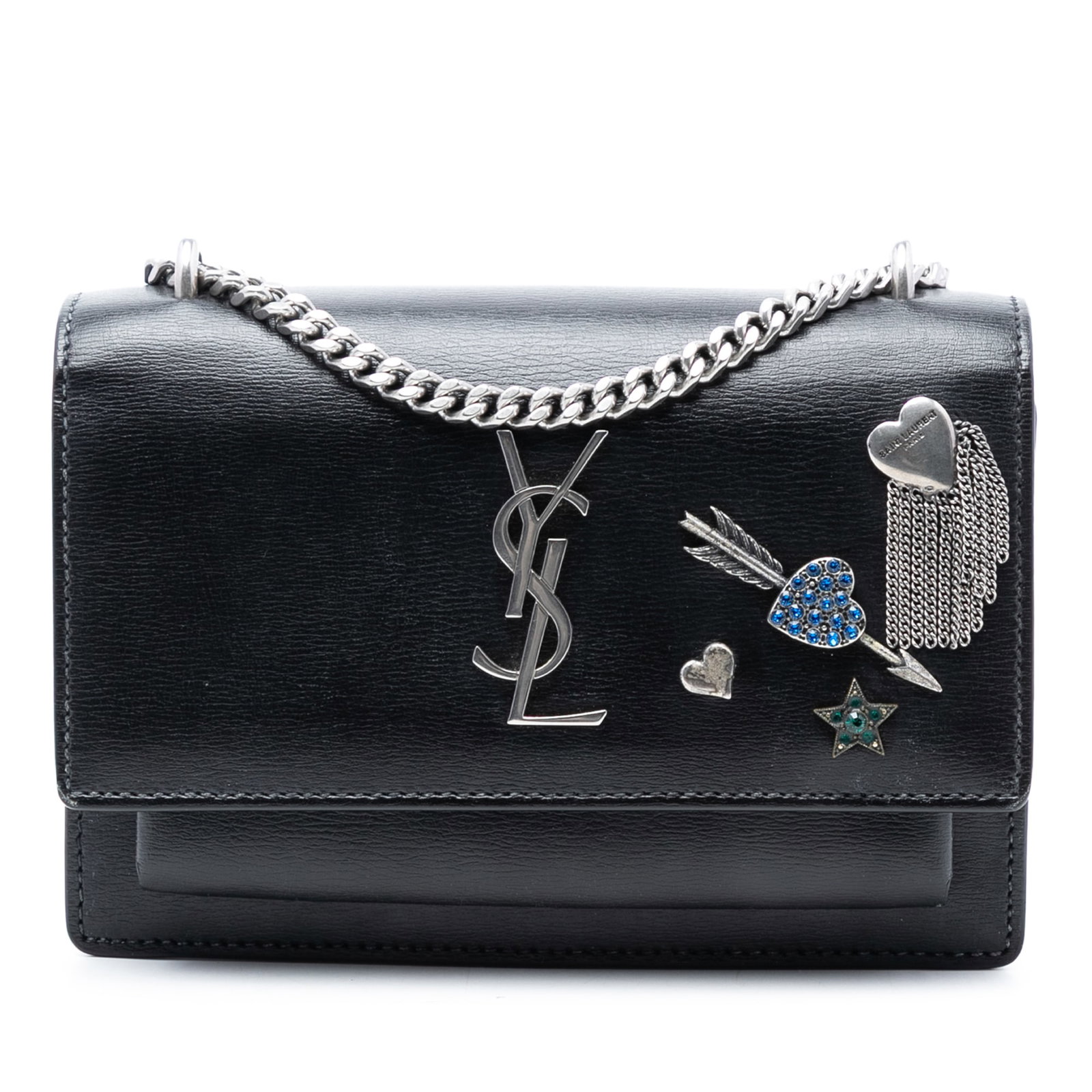 Saint Laurent Sunset chain wallet black leather charm shoulder bag: Saint Laurent Sunset chain wallet black leather charm shoulder bag This Saint Laurent Mini Calfskin Monogram Lucky Charms Sunset Wallet on Chain is crafted from black leather and features charm embell