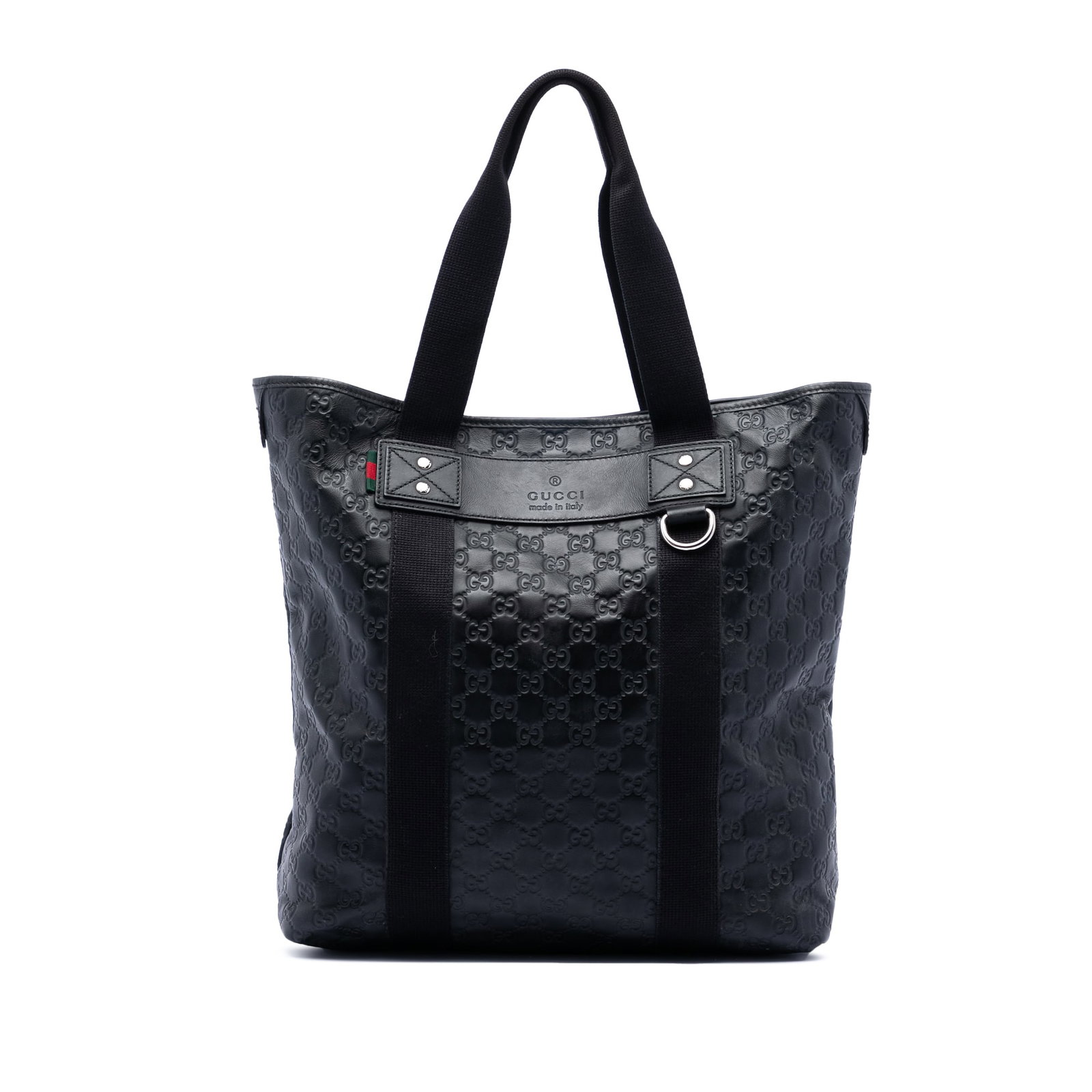 Gucci Guccissima Leather Tote with Web Canvas Straps Black: Gucci Guccissima Leather Tote with Web Canvas Straps Black This Gucci Guccissima Web Tote features an embossed leather body with flat canvas straps, an open top secured by a snap button closure, and i