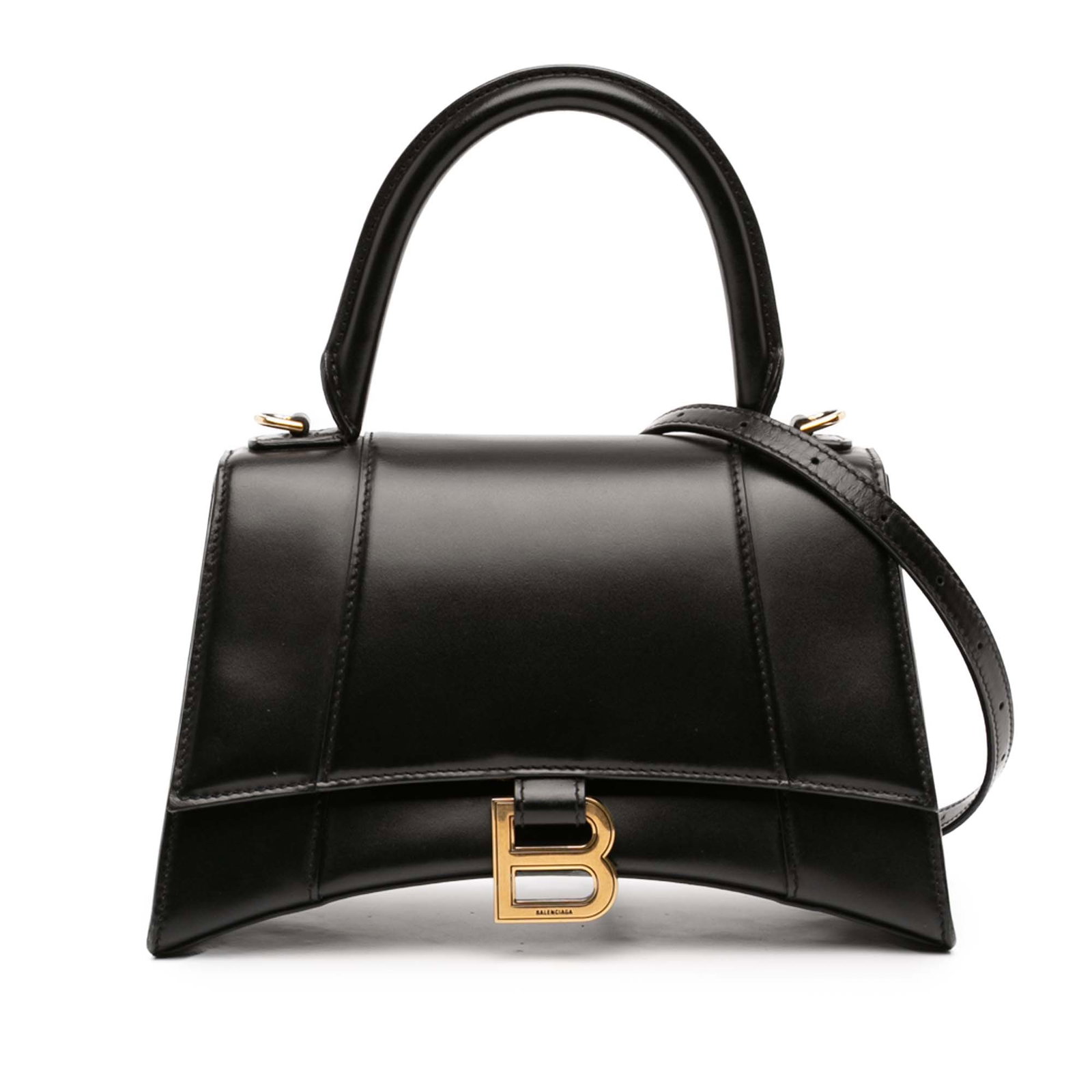 Balenciaga Hourglass black leather top handle bag: Balenciaga Hourglass black leather top handle bag This Balenciaga Small Shiny Box Calfskin Hourglass Top Handle Bag features a sleek black leather body with gold-tone hardware, a rolled leather handle
