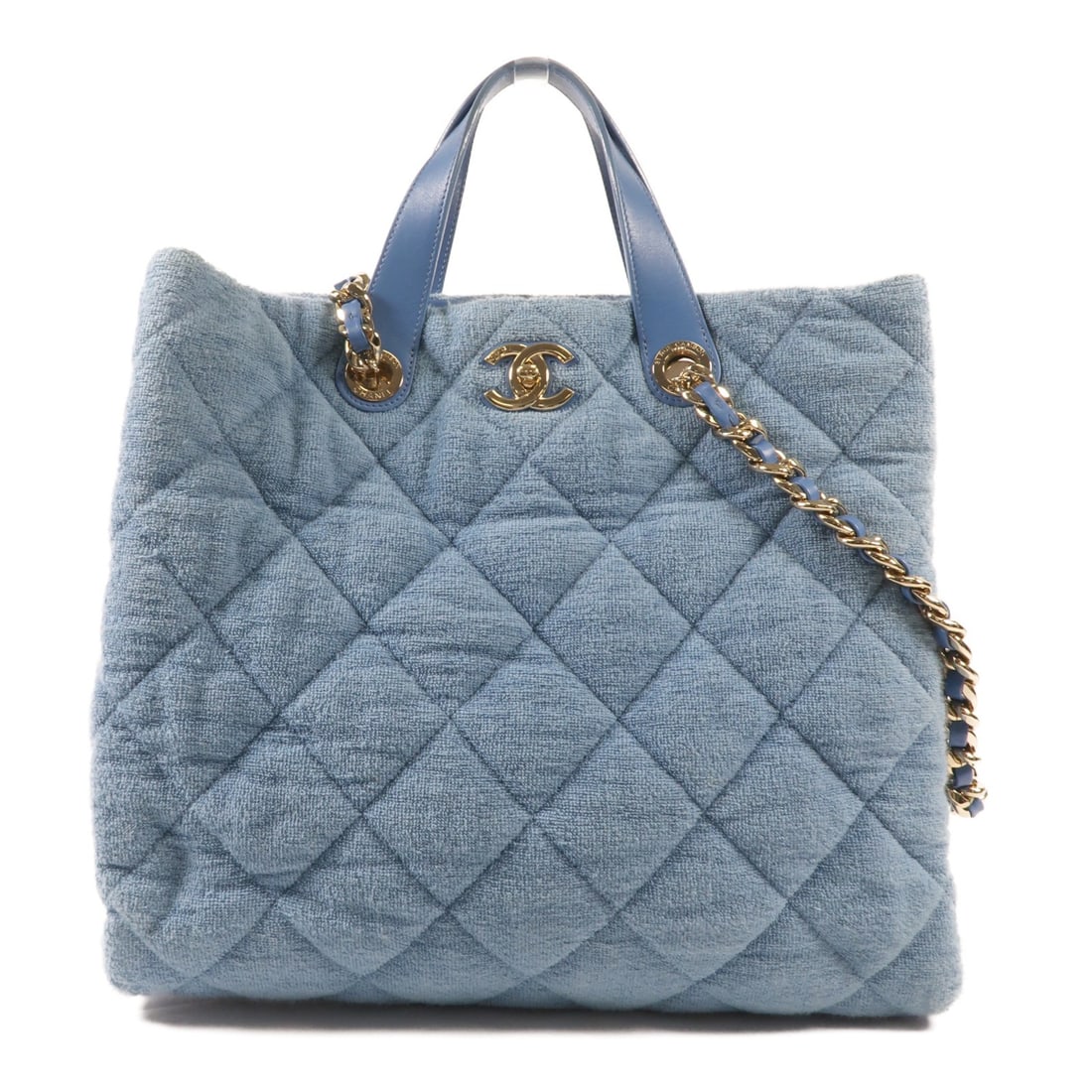 CHANEL Blue Canvas 2 Way Shoulder Bag CC GHW: CHANEL Blue Canvas 2 Way Shoulder Bag CC GHW This CHANEL 2-way shoulder bag features the signature CC design and a versatile chain strap, allowing it to be carried as both a shoulder bag and a handbag