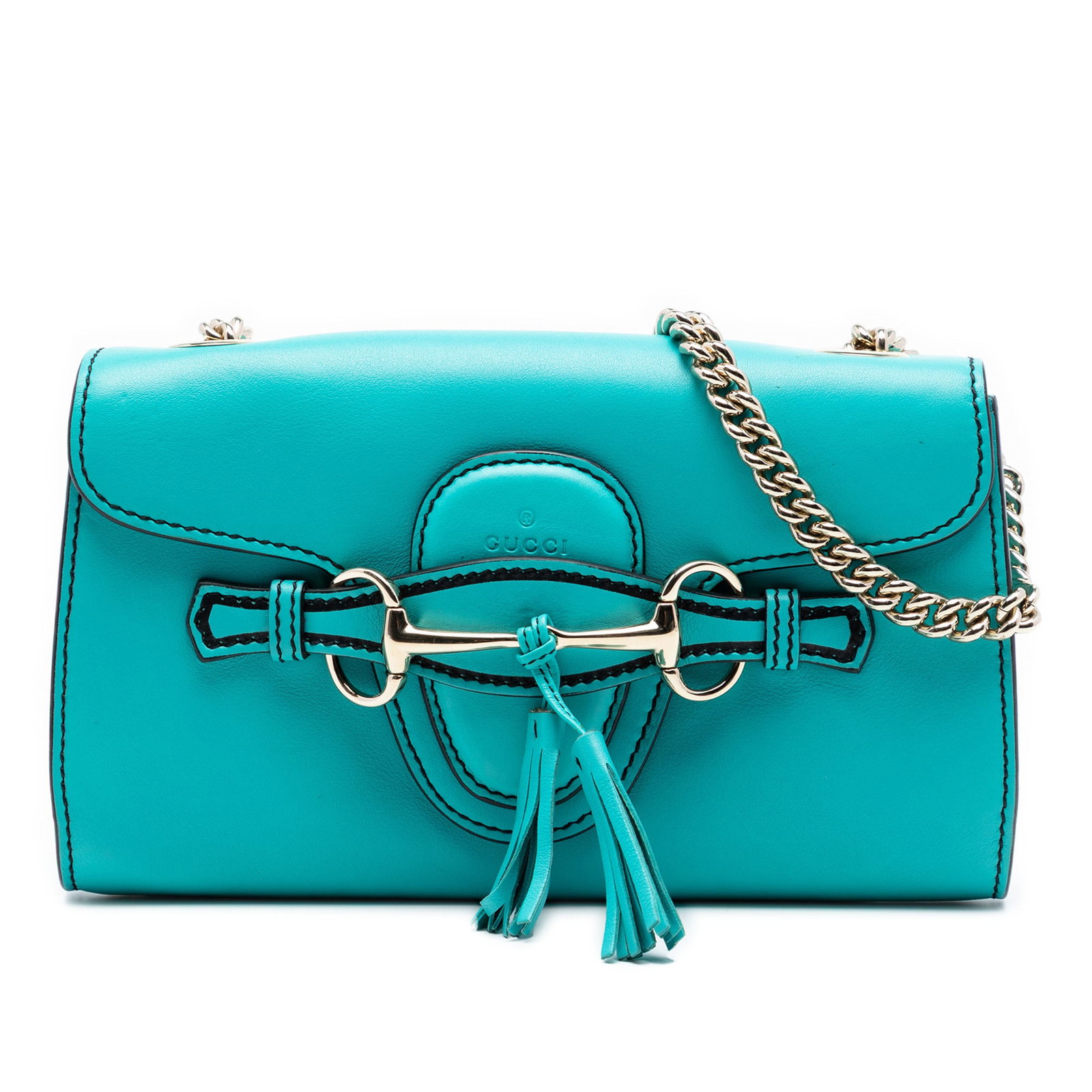 Gucci Emily Mini Blue Leather Crossbody Bag: Gucci Emily Mini Blue Leather Crossbody Bag This Gucci Mini Calfskin Emily Crossbody is crafted from blue leather and features a chain link shoulder strap with a leather guard, a front flap with tuck 
