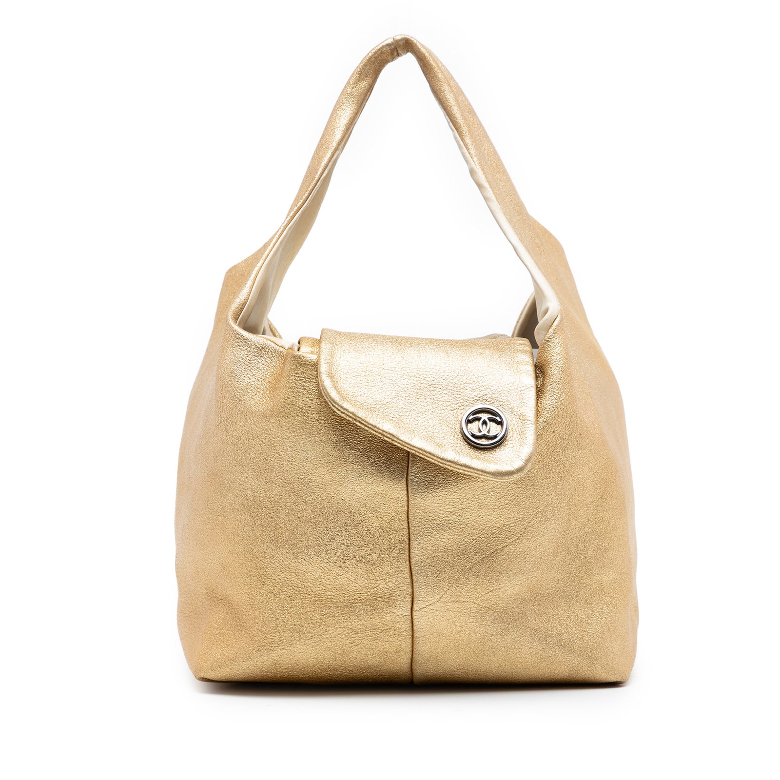 Gold Lambskin Leather Hobo Bag with CC Logo by Chanel: Gold Lambskin Leather Hobo Bag with CC Logo by Chanel This Chanel CC Metallic Lambskin Hobo handbag is crafted from gold lambskin leather and features a flat leather strap, a top flap strap, and inter