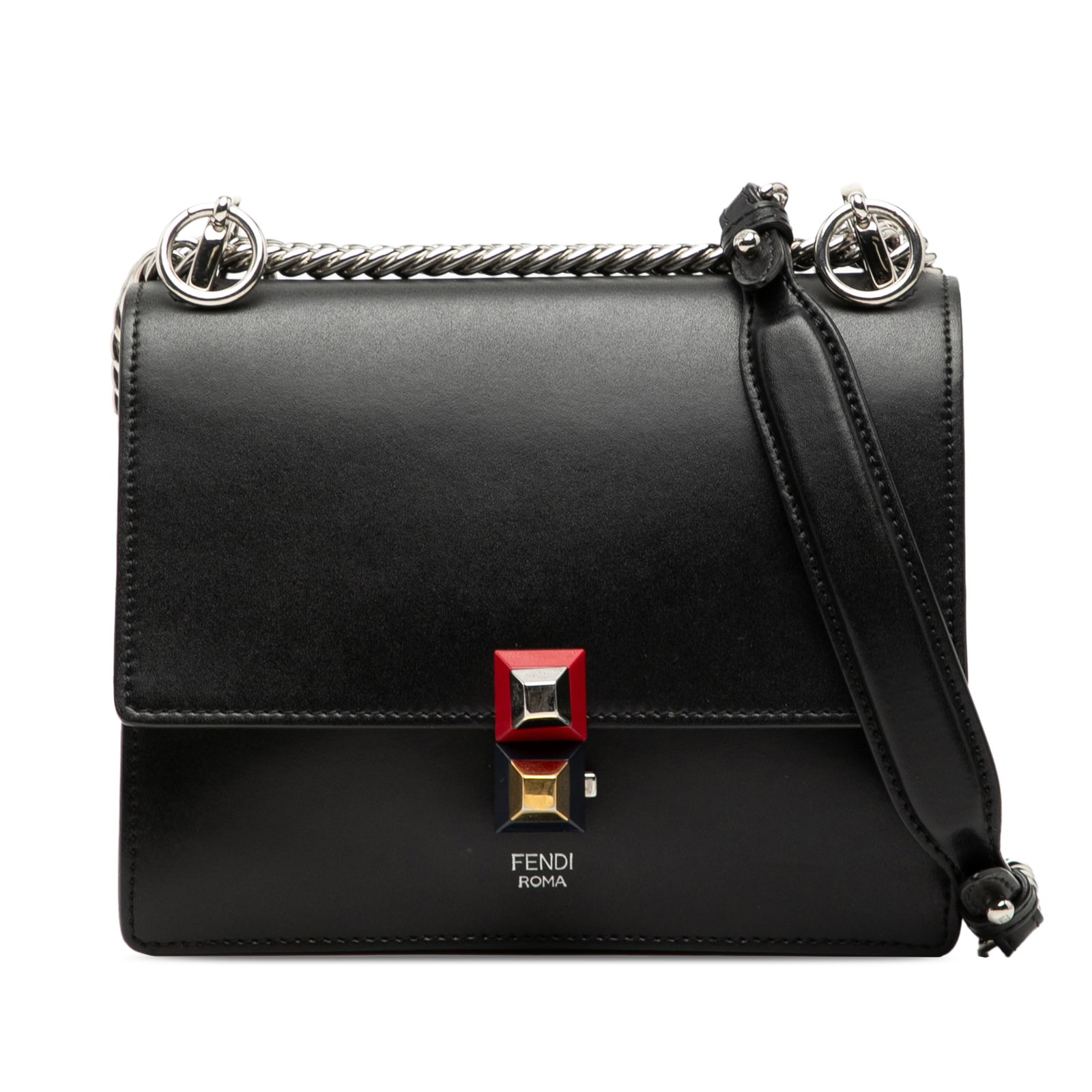 Fendi Kan I Small Black Leather Crossbody Bag with Chain Strap: Fendi Kan I Small Black Leather Crossbody Bag with Chain Strap This Fendi Small Leather Kan I Crossbody features a black leather body with a chain link shoulder strap and leather guard. The bag is des