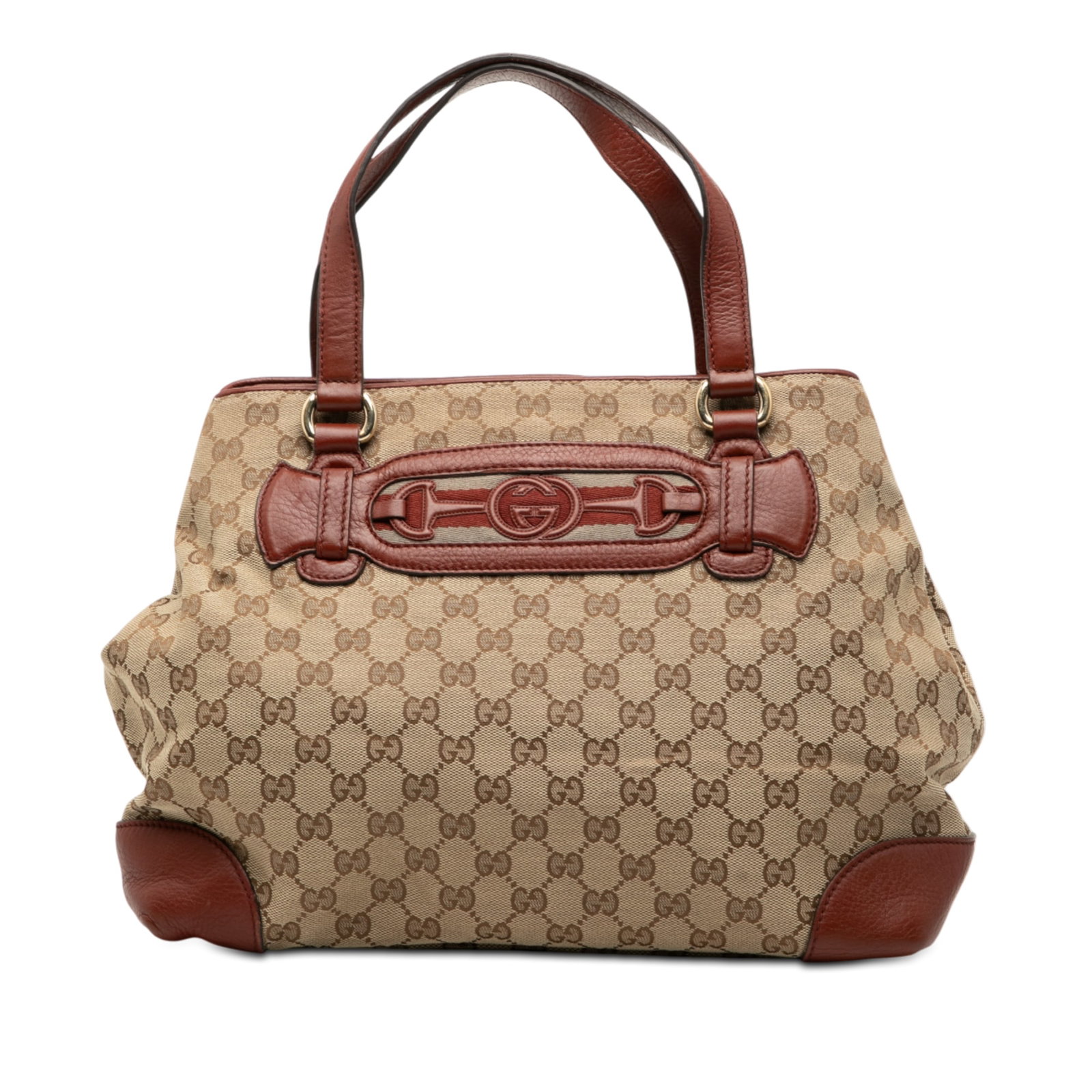 Brown Gucci Dressage Tote Bag with GG Canvas and Leather Trim: Brown Gucci Dressage Tote Bag with GG Canvas and Leather Trim This Gucci GG Canvas Web Dressage Tote features a canvas body with leather trim, flat leather handles, an open top with a magnetic snap cl