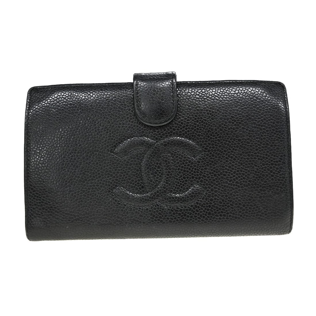 Black Leather Wallet by Chanel for Women: Black Leather Wallet by Chanel for Women This Chanel wallet is crafted from black calfskin leather, designed for women. It features a classic and elegant look with reasonable wear and tear on both the