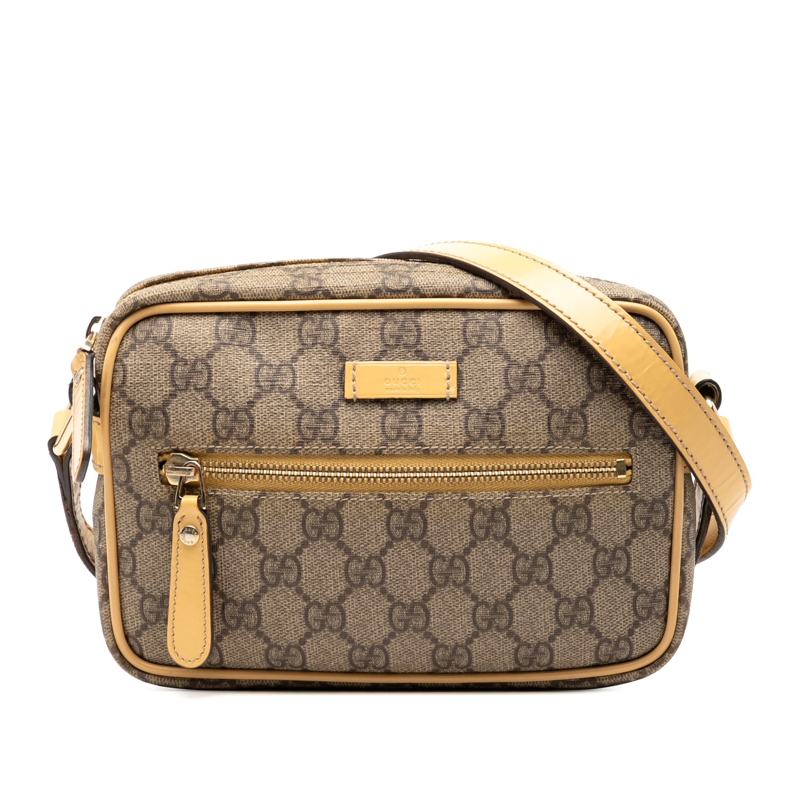 Brown Gucci GG Supreme Coated Canvas Adjustable Crossbody Bag: Brown Gucci GG Supreme Coated Canvas Adjustable Crossbody Bag The Gucci GG Supreme Crossbody bag features a coated canvas body with a brown color, an adjustable leather flat shoulder strap, a top zip 