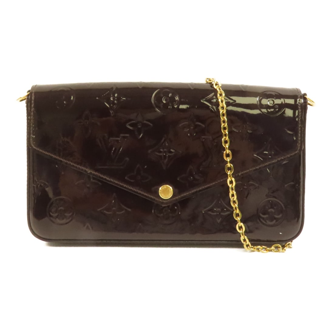 Louis Vuitton Vernis Brown Pochette Felicie Shoulder Bag GHW: Louis Vuitton Vernis Brown Pochette Felicie Shoulder Bag GHW This Louis Vuitton Pochette Felicie shoulder bag features a brown patent leather exterior and gold-tone hardware. Designed for women, the b