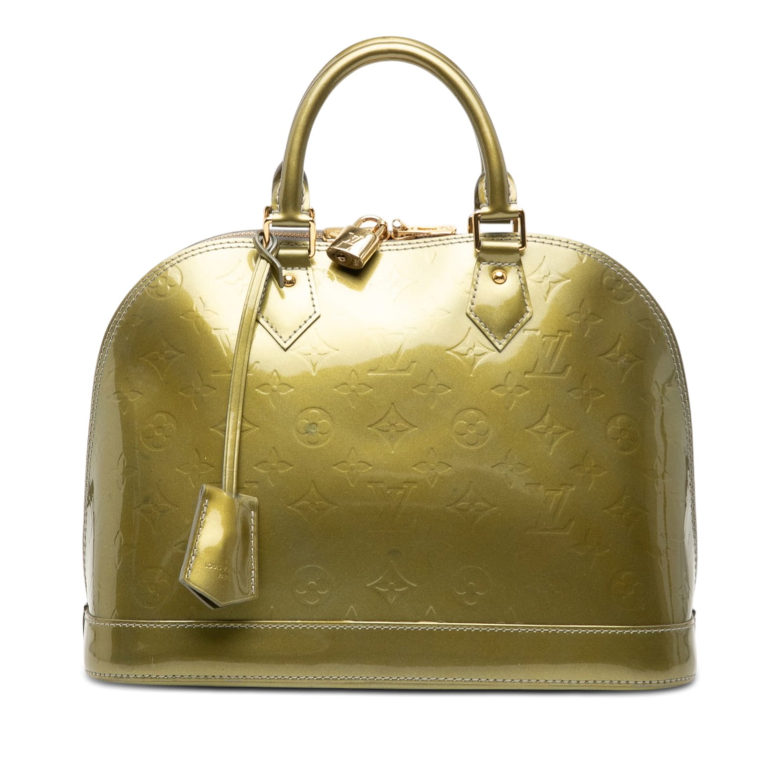 Green Vernis Leather Alma PM Handbag by Louis Vuitton: Green Vernis Leather Alma PM Handbag by Louis Vuitton This Louis Vuitton Monogram Vernis Alma PM features a monogram vernis leather body in green, rolled leather handles, a top zip closure, and interi