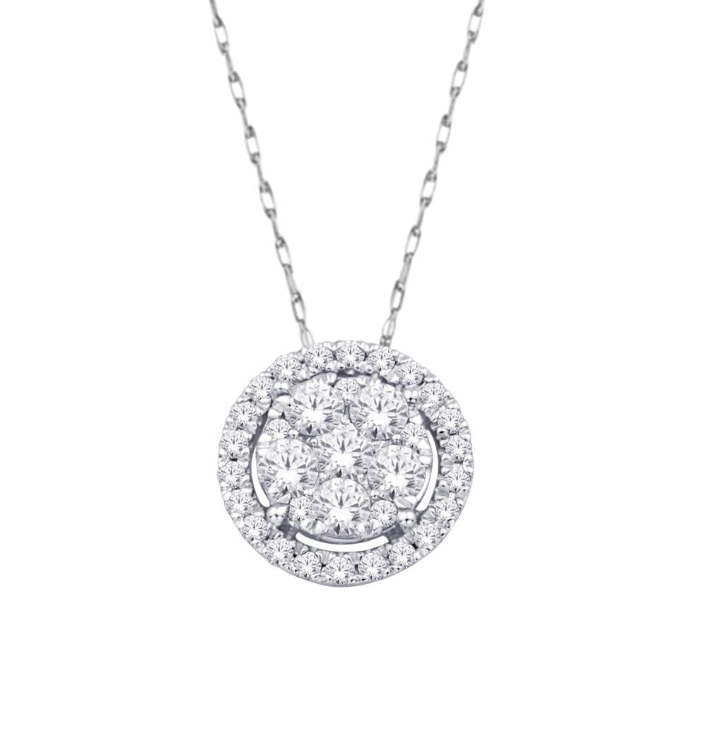 14K White Gold 1/4 Ct.Tw. Diamond Flower Pendant: 14K White Gold 1/4 Ct.Tw. Diamond Flower Pendant This Sparkling Design Features an Open Circular Frame Lined With Shimmering Diamonds. At the center of the style set with diamond cluster. The total di