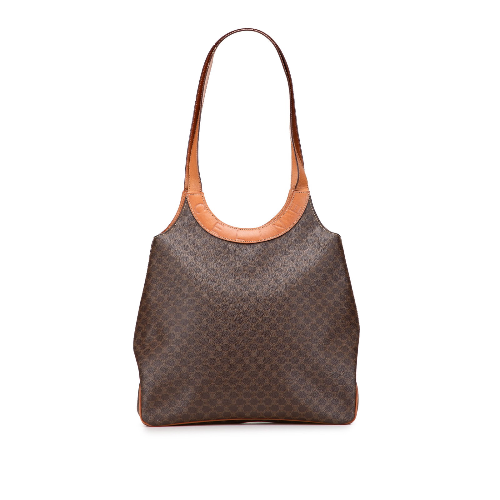 Celine Macadam coated canvas brown shoulder bag: Celine Macadam coated canvas brown shoulder bag This Celine Macadam shoulder bag is crafted from coated canvas with leather trim and features flat leather straps, an open top with a magnetic snap clos