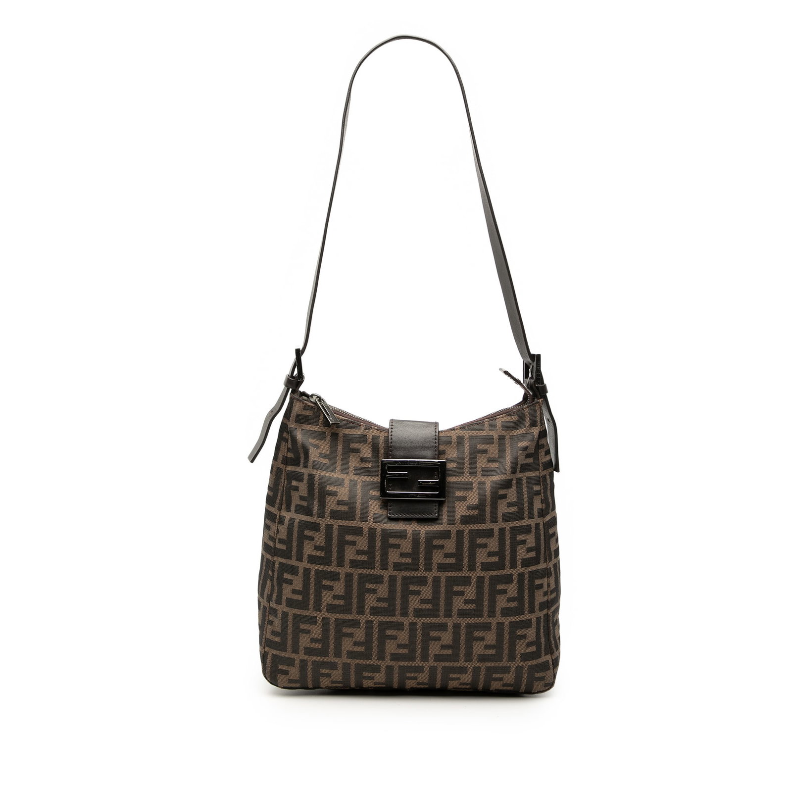 Fendi Zucca Pattern Canvas Brown Shoulder Bag with Leather Strap: Fendi Zucca Pattern Canvas Brown Shoulder Bag with Leather Strap The Fendi Zucca Canvas Shoulder Bag features a brown canvas body with an adjustable flat leather strap, a top zip closure complemented 