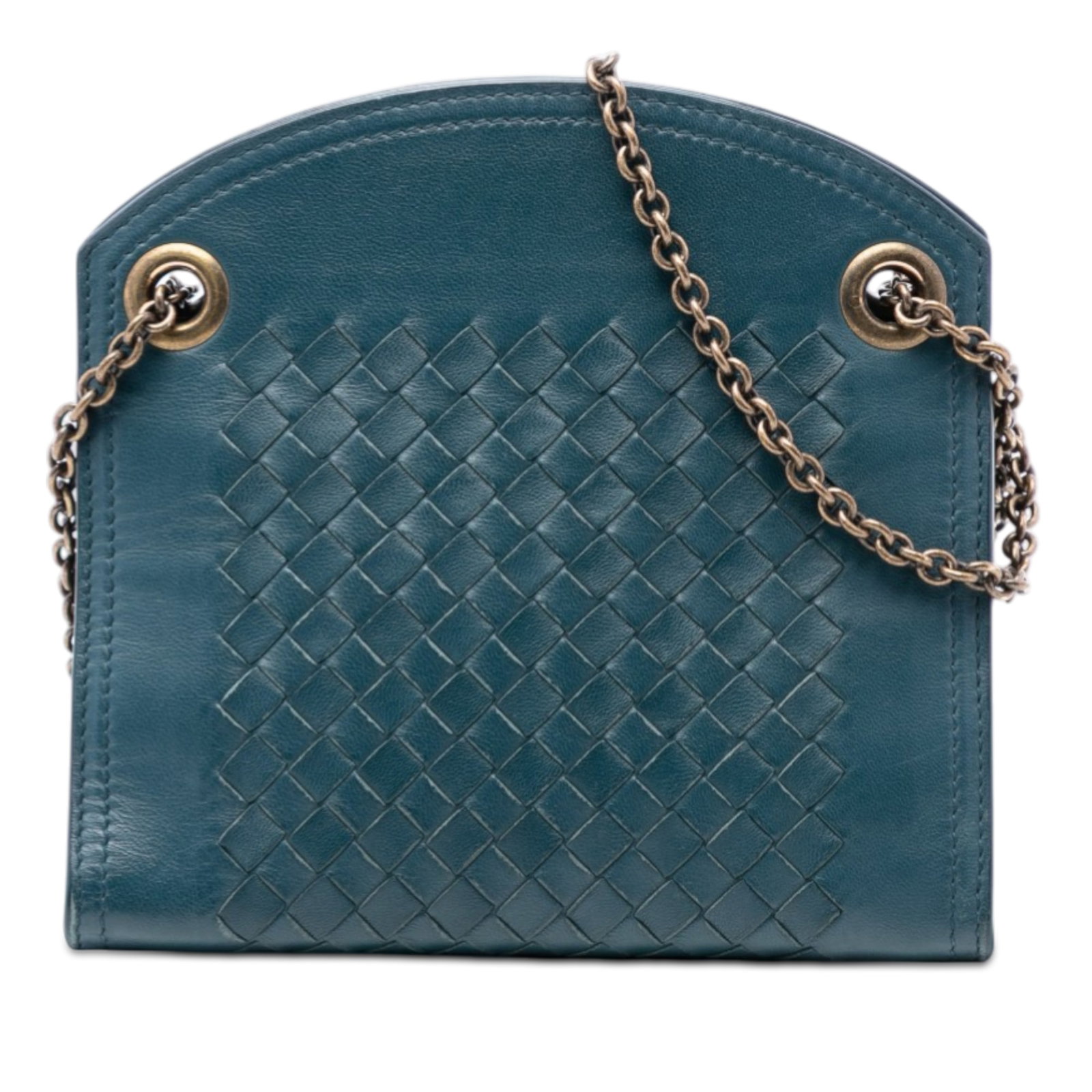 Blue Nappa Leather Woven Chain Wallet by Bottega Veneta: Blue Nappa Leather Woven Chain Wallet by Bottega Veneta This Bottega Veneta Nappa Intrecciato chain wallet showcases a woven nappa leather body in blue, complemented by curb chain straps with leather 