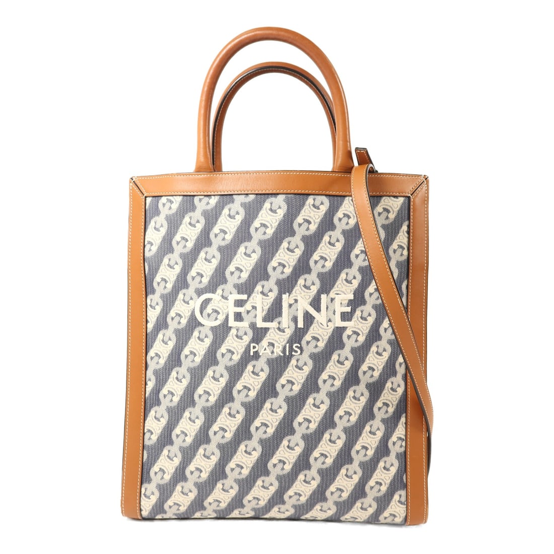 Cabas Vertical Blue Brown Canvas Calfskin Shoulder Bag by CELINE with Gold Hardware: Cabas Vertical Blue Brown Canvas Calfskin Shoulder Bag by CELINE with Gold Hardware This CELINE Cabas Vertical 2 Way Shoulder Bag offers versatile carrying options and features a combination of canvas
