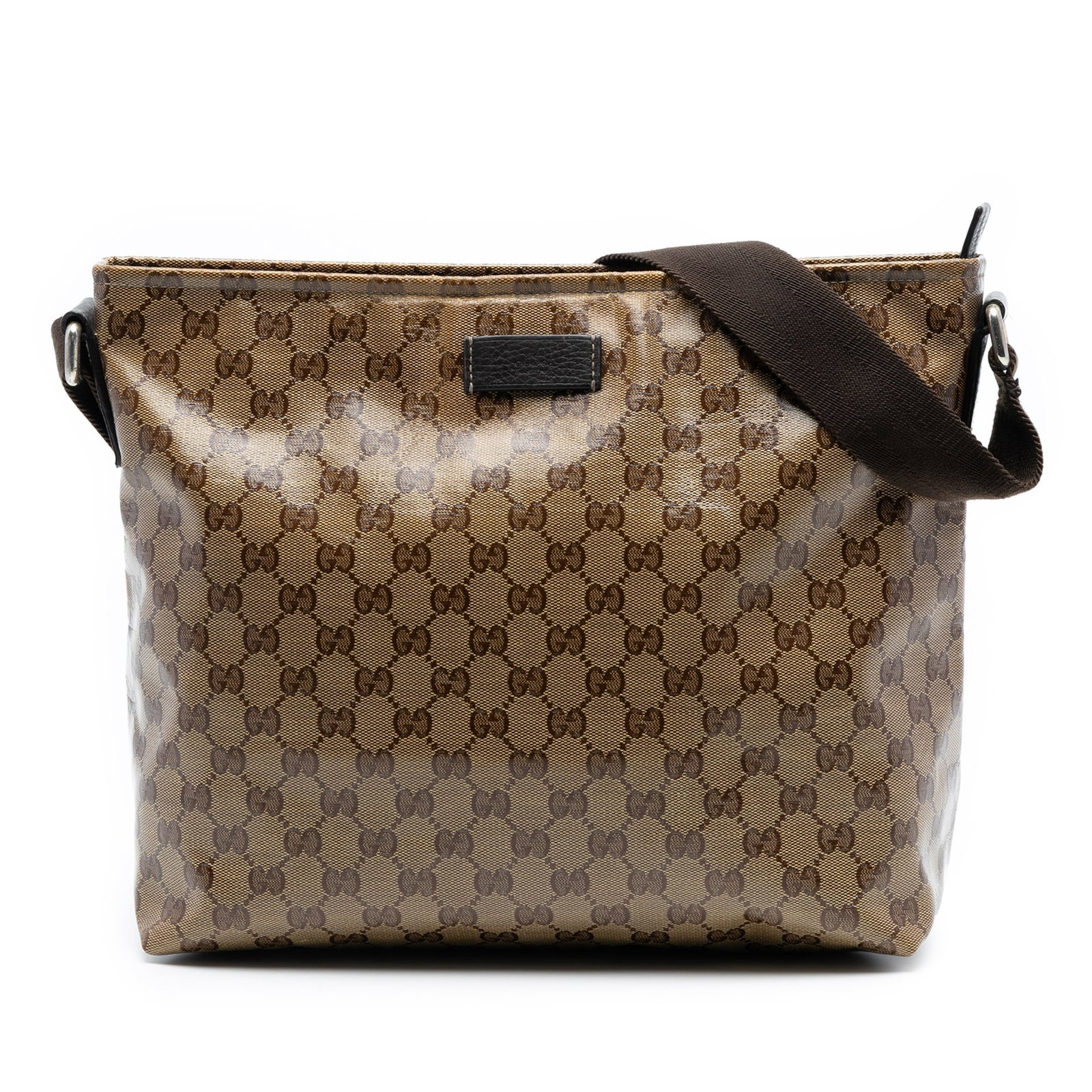 Beige GG Crystal Coated Canvas Crossbody Bag by Gucci: Beige GG Crystal Coated Canvas Crossbody Bag by Gucci This crossbody bag features a coated canvas body with an adjustable flat strap, top zip closure, and interior zip and slip pockets. The exterior s