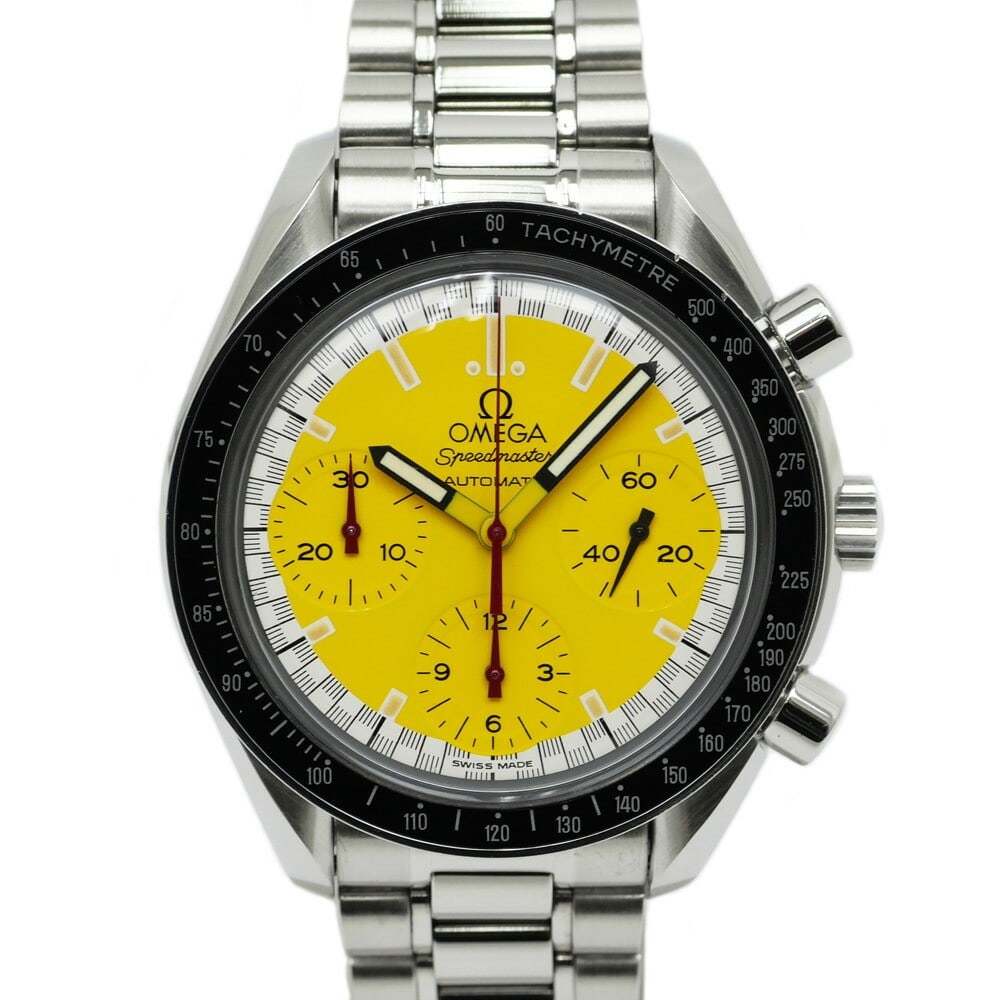OMEGA Speedmaster Racing 3510.12 Yellow Dial Automatic Men's Wristwatch: OMEGA Speedmaster Racing 3510.12 Yellow Dial Automatic Men's Wristwatch This OMEGA Speedmaster Racing Michael Schumacher 3510.12 is a men's wristwatch featuring a 39mm stainless steel case and a disti