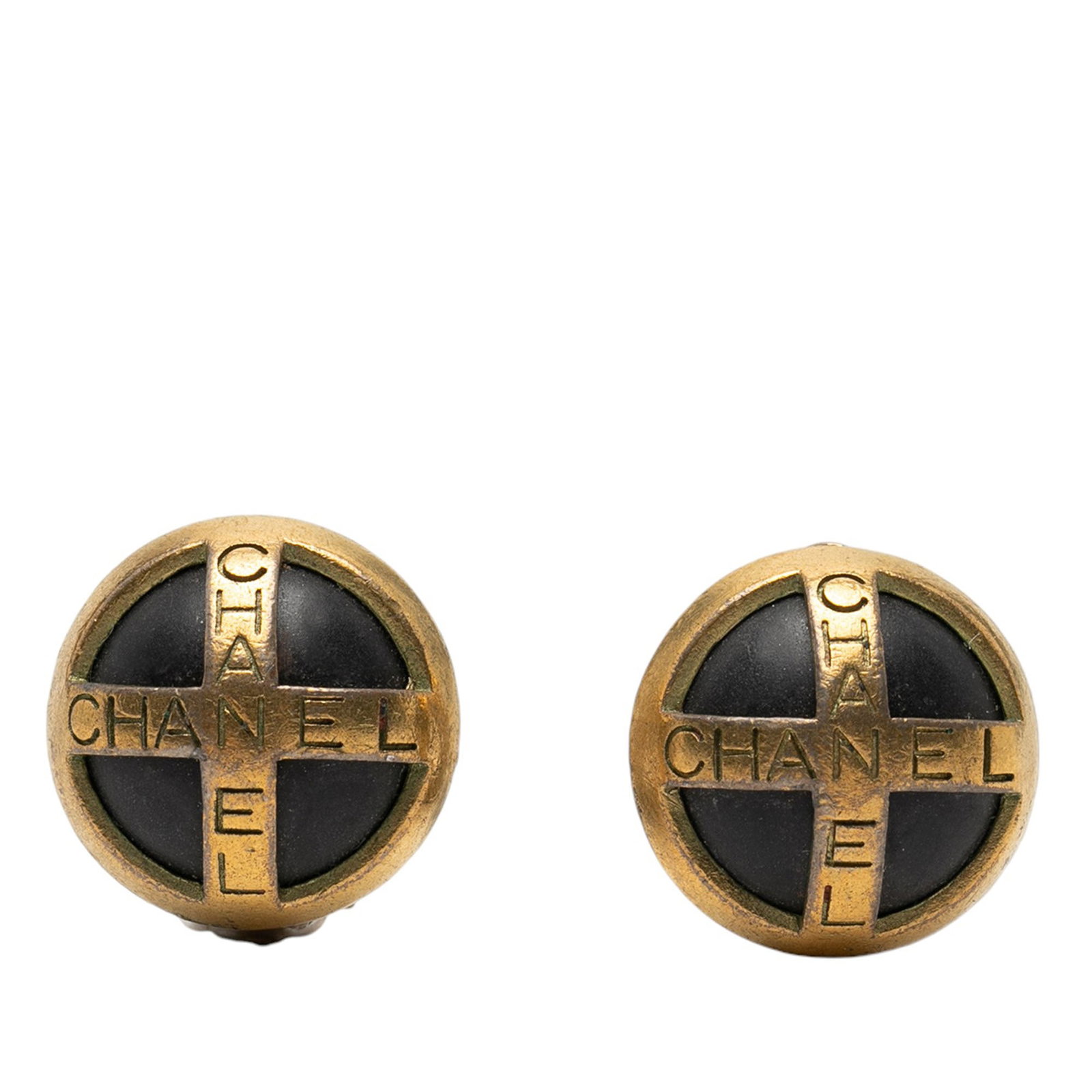 Chanel Logo Round Clip On Earrings Gold Tone Metal and Acrylic: Chanel Logo Round Clip On Earrings Gold Tone Metal and Acrylic These Chanel earrings feature round button designs crafted from gold tone metal and acrylic. They are designed with clip-on closures and 