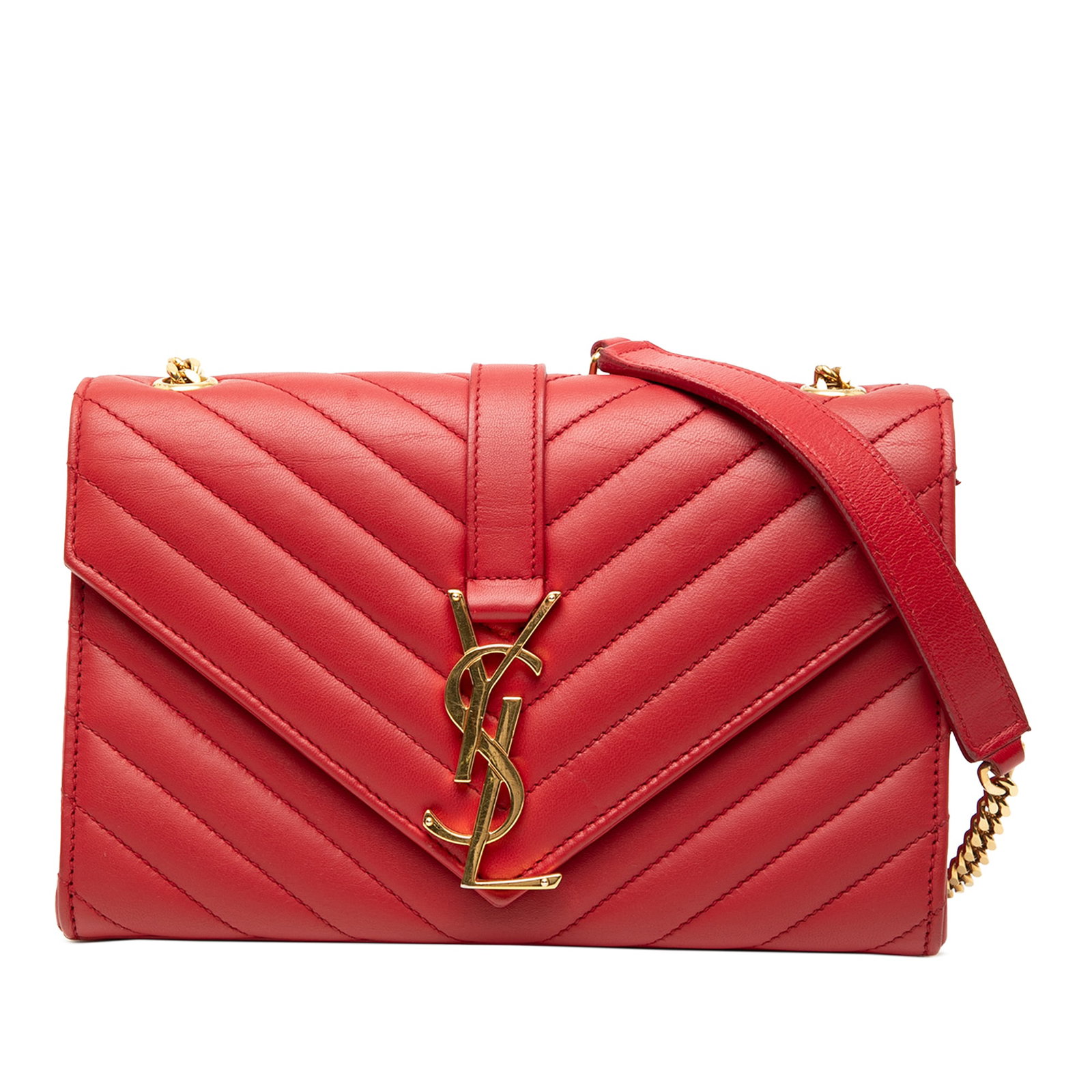 Saint Laurent Chevron Leather Small Monogram Envelope Crossbody Bag Red: Saint Laurent Chevron Leather Small Monogram Envelope Crossbody Bag Red This Saint Laurent Small Chevron Calfskin Monogram Envelope Bag features a quilted leather construction in red, a front flap wit