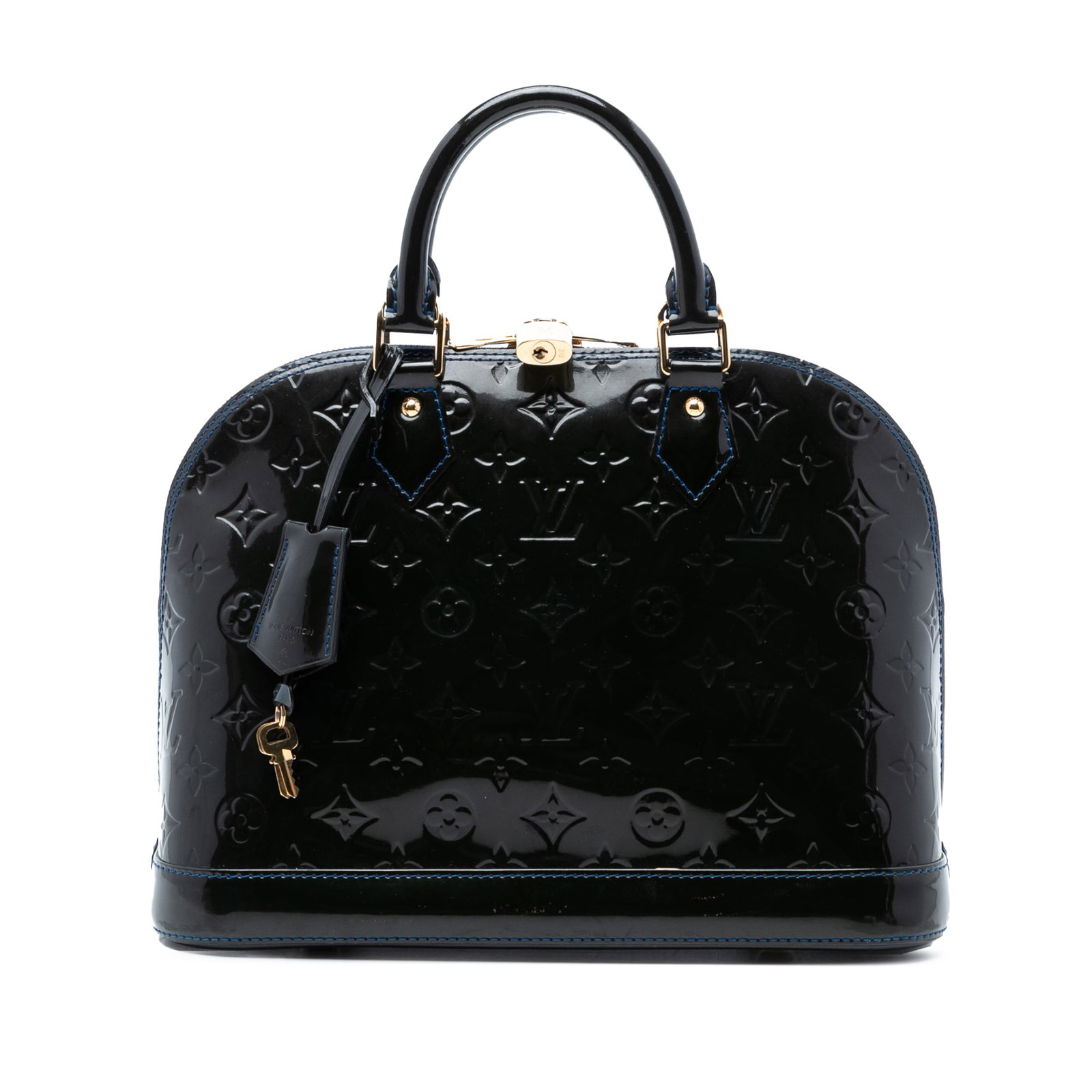 Louis Vuitton Alma PM Monogram Vernis Blue Leather Bag: Louis Vuitton Alma PM Monogram Vernis Blue Leather Bag This Louis Vuitton Monogram Vernis Alma PM features a blue monogram vernis leather body, rolled leather handles, a top zip closure, and interior 