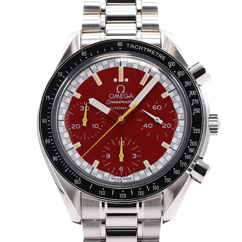 OMEGA Speedmaster Reduced Schumacher Men's Wristwatch Japan: OMEGA Speedmaster Reduced Schumacher Men's Wristwatch Japan This OMEGA Speedmaster Reduced Michael Schumacher 3510.61.00 is a men's wristwatch, crafted in Switzerland. It is a pre-owned timepiece, fea