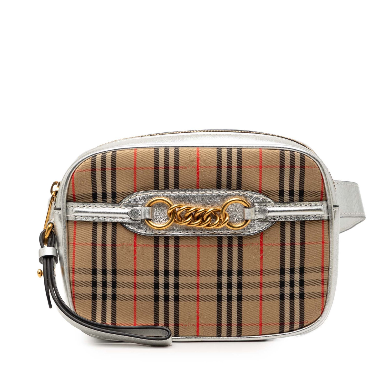 Burberry Haymarket Check Canvas Belt Bag with Leather Trim and Zip Closure: Burberry Haymarket Check Canvas Belt Bag with Leather Trim and Zip Closure This Burberry Haymarket Check Canvas 1983 Link Belt Bag features a canvas body with leather trim, a flat leather wrist handle