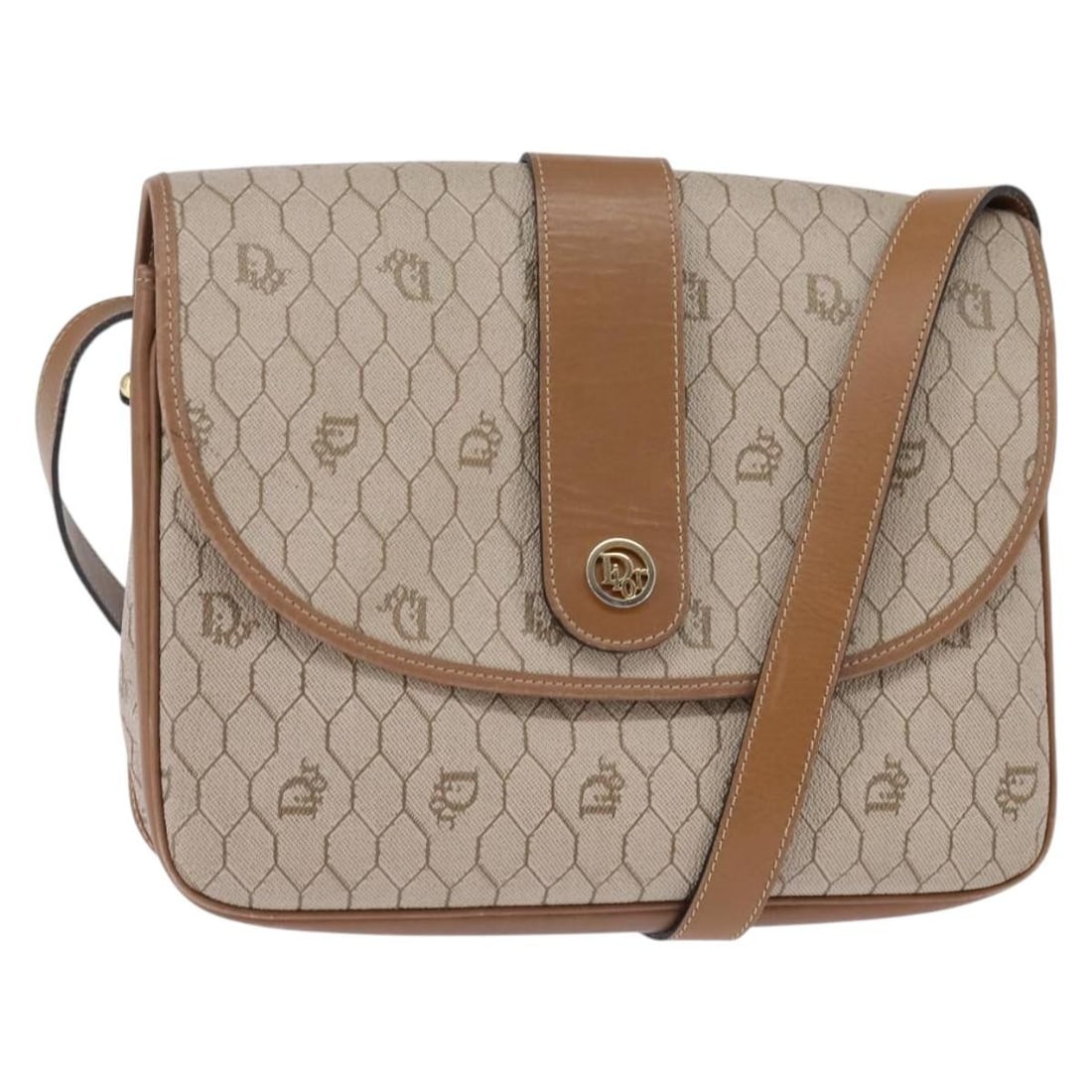 Christian Dior Honeycomb Canvas Shoulder Bag Beige Gold PVC Auth 145774 (1 of 18)
