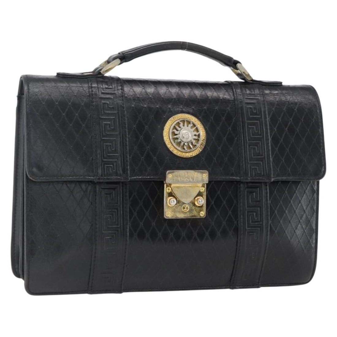 Black Leather Gianni Versace Handbag with Gold Details: Black Leather Gianni Versace Handbag with Gold Details This Gianni Versace handbag features black leather with gold-tone accents. The bag has a classic hand-carry style and is crafted in Italy. It sho