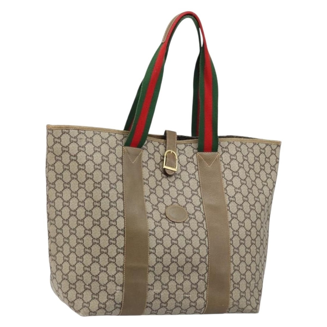 Gucci Beige GG Supreme Sherry Line PVC Tote with Web Stripe: Gucci Beige GG Supreme Sherry Line PVC Tote with Web Stripe This GUCCI GG Plus Supreme Web Sherry Line tote bag features beige and gold PVC leather and GG canvas. Designed for women, it offers a spaci