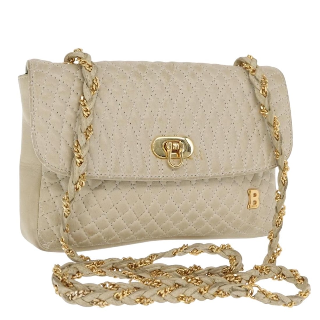 Bally Beige Leather Shoulder Bag with Gold Tone Accents: Bally Beige Leather Shoulder Bag with Gold Tone Accents This Bally women's shoulder bag features beige and gold leather with a sleek, compact design. Made in Italy, it offers a main compartment and a 