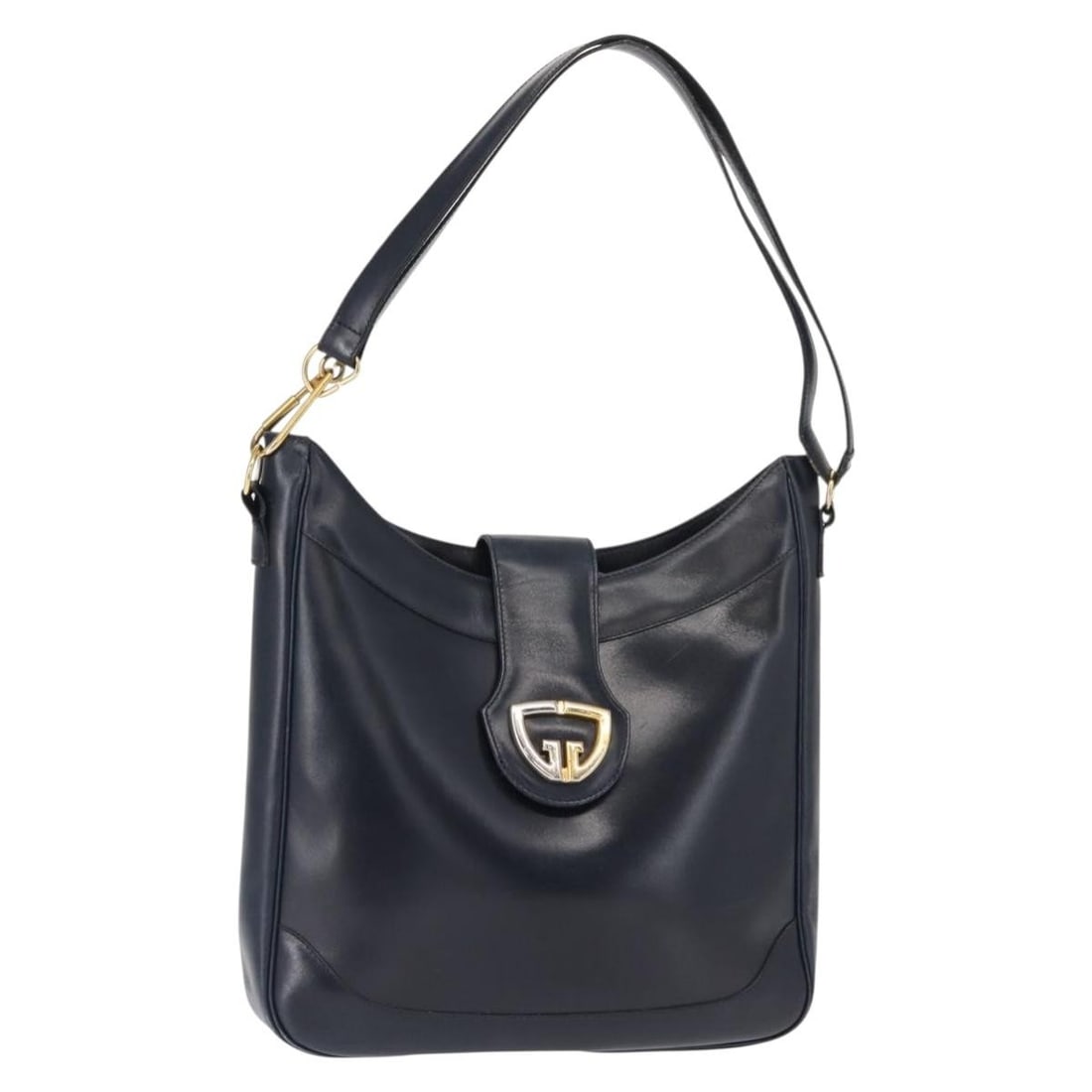GUCCI Navy Leather Shoulder Bag with Gold Accents Authentic: GUCCI Navy Leather Shoulder Bag with Gold Accents Authentic This authentic GUCCI shoulder bag combines luxury with practicality, crafted in Italy from high-quality leather in a sophisticated navy and 