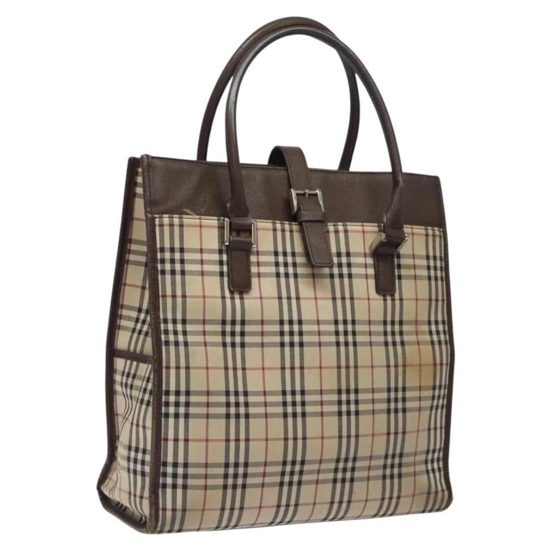 Burberry Nova Check Beige Silver Canvas Tote Bag: Burberry Nova Check Beige Silver Canvas Tote Bag This BURBERRY Nova Check tote bag is crafted from beige and silver canvas and features a spacious, practical design. The bag shows significant signs of