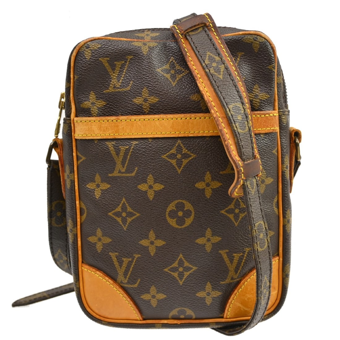 Louis Vuitton Danube Monogram Crossbody Bag M45266: Louis Vuitton Danube Monogram Crossbody Bag M45266 This Louis Vuitton Danube crossbody shoulder bag features the iconic Monogram canvas leather exterior with brown leather trim. Designed in a medium s